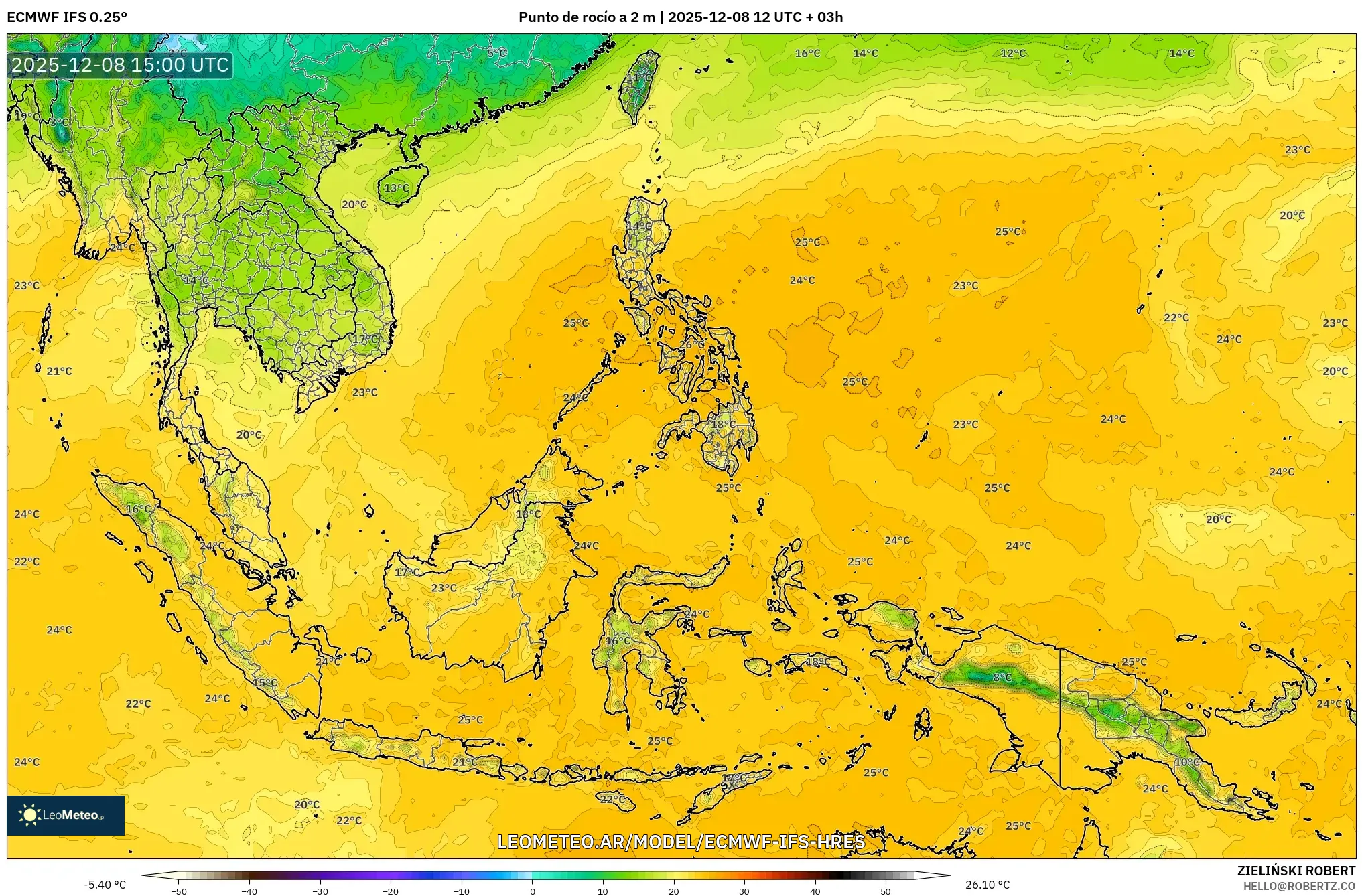 ECMWF IFS 0.25° model - Sudeste Asiático, Punto de rocío a 2 m