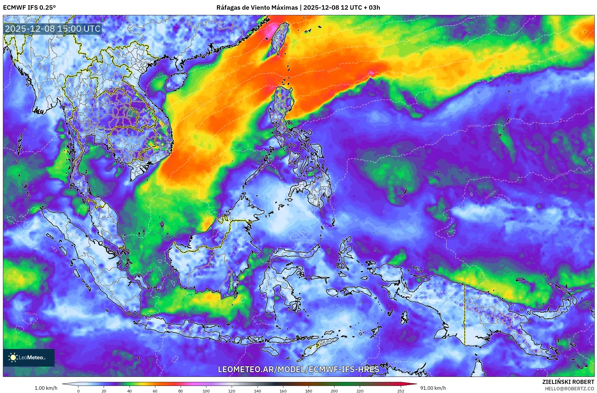 ECMWF IFS 0.25° model - Sudeste Asiático, Ráfagas de Viento Máximas