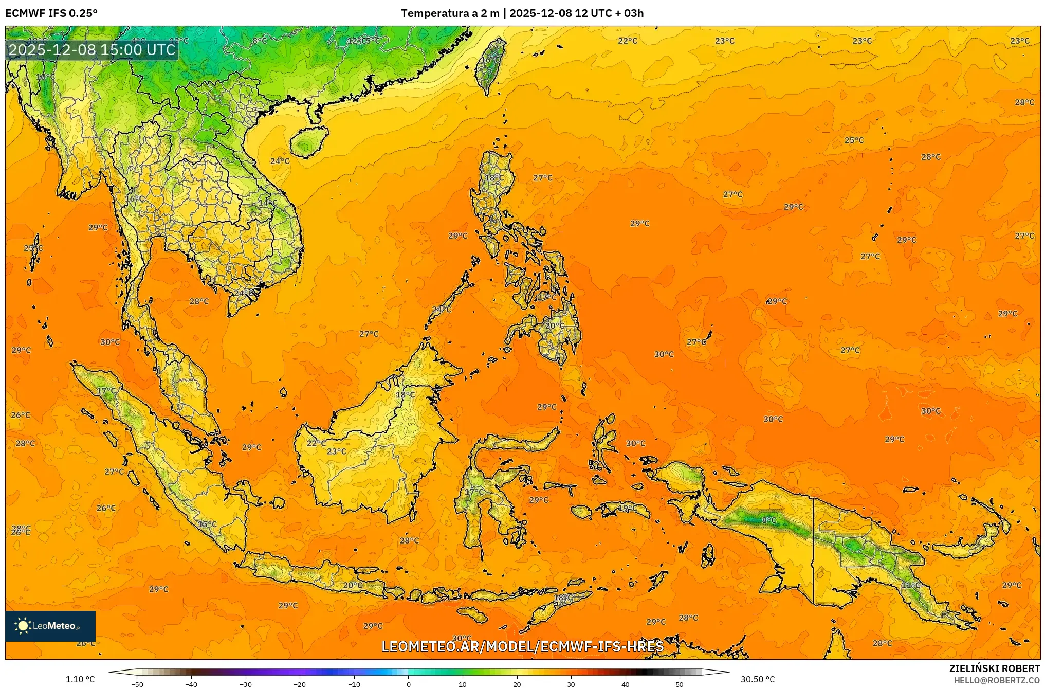 ECMWF IFS 0.25° model - Sudeste Asiático, Temperatura a 2 m