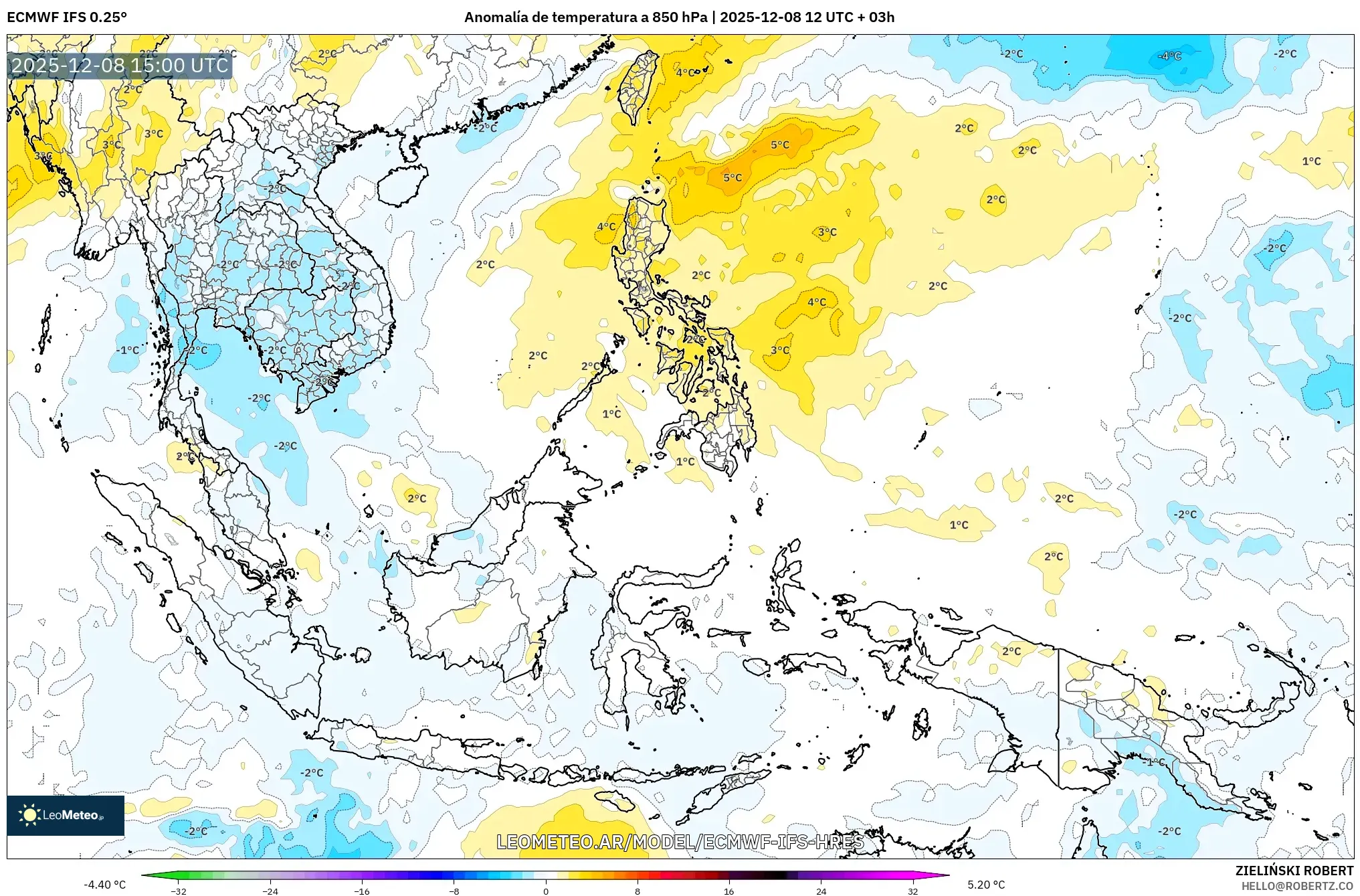 ECMWF IFS 0.25° model - Sudeste Asiático, Anomalía de temperatura a 850 hPa