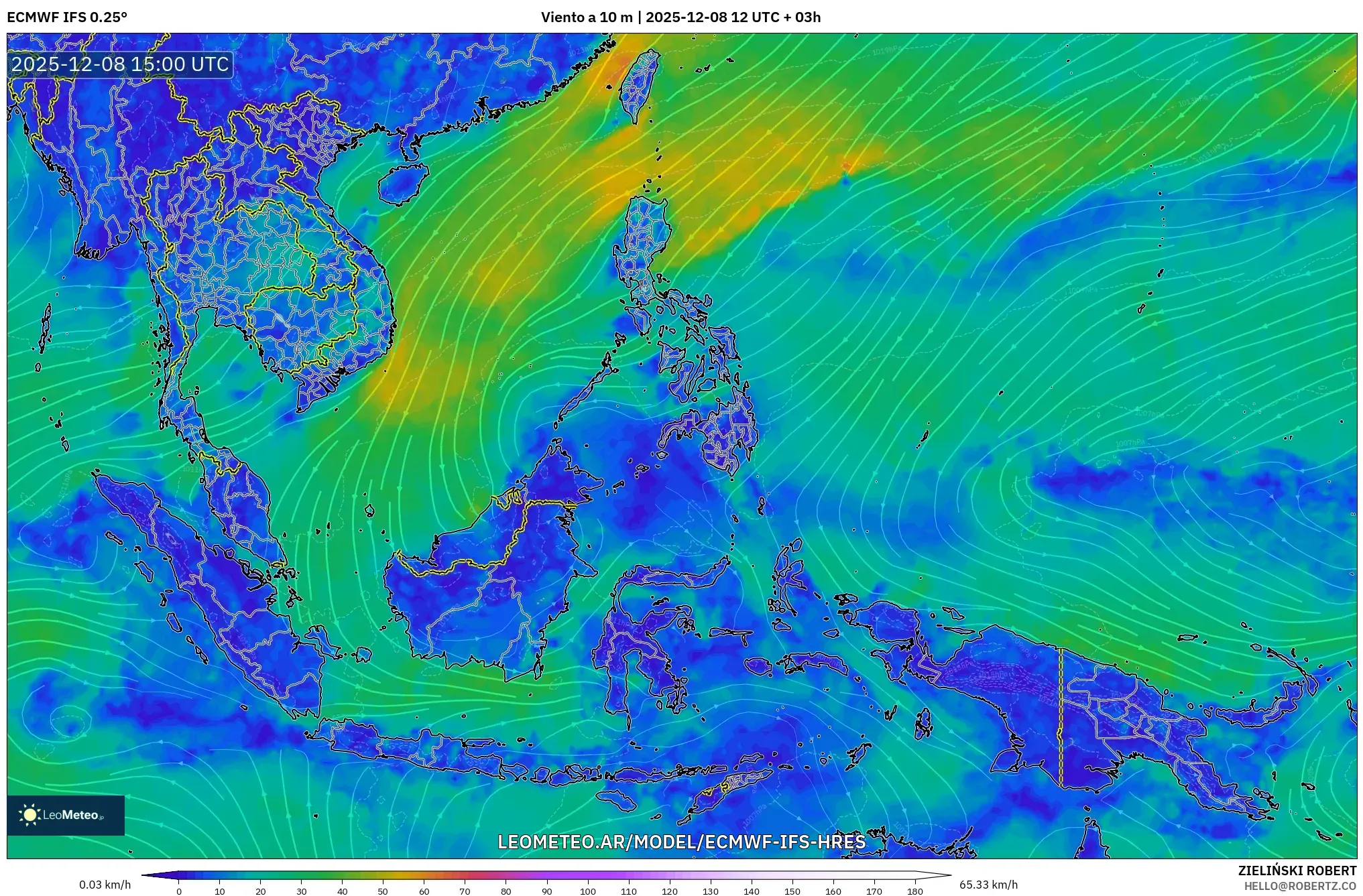 ECMWF IFS 0.25° model - Sudeste Asiático, Viento a 10 m
