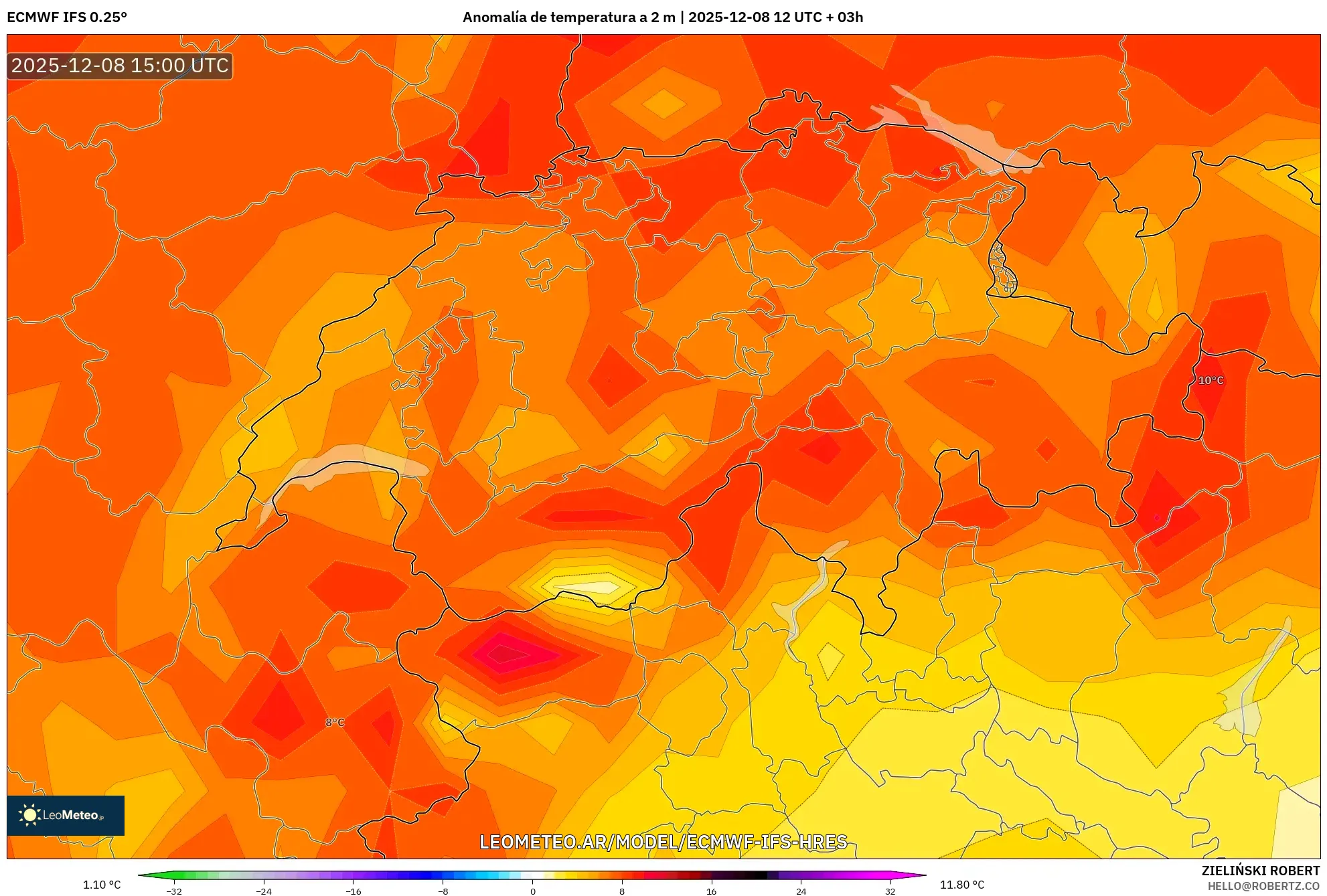 ECMWF IFS 0.25° model - Suiza, Anomalía de temperatura a 2 m