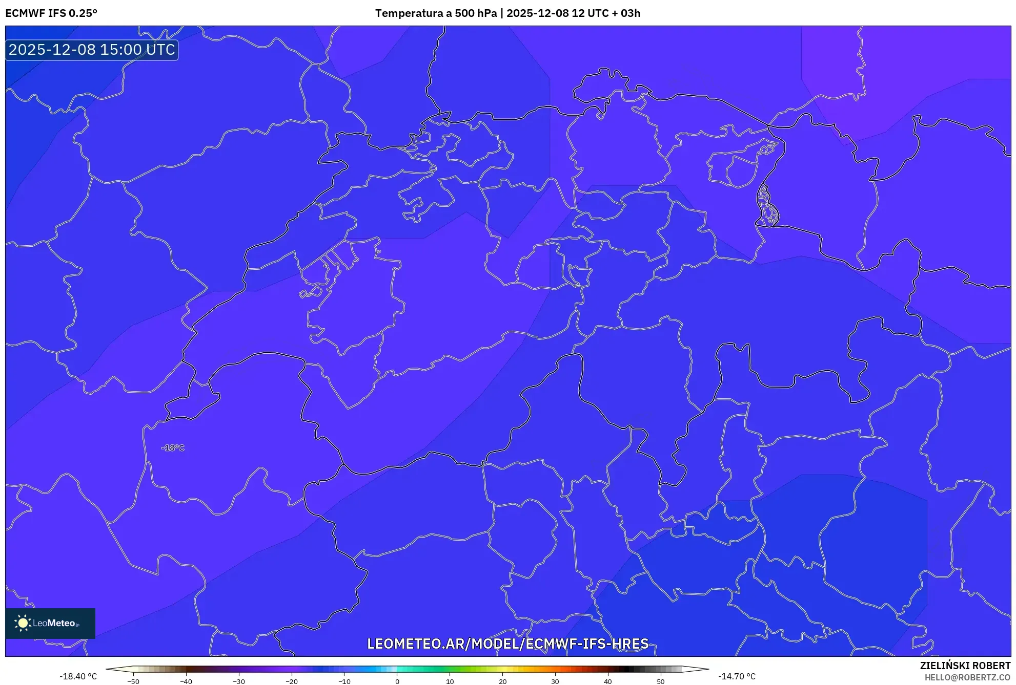 ECMWF IFS 0.25° model - Suiza, Temperatura a 500 hPa