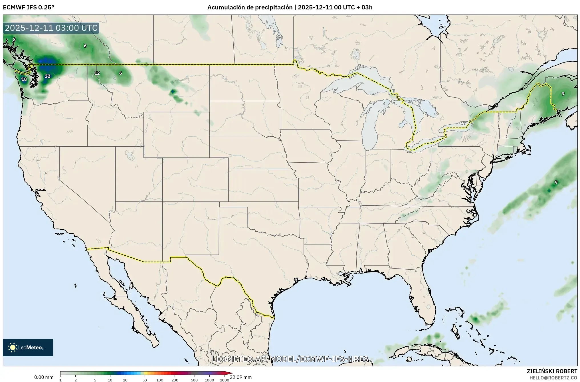 ECMWF IFS 0.25° model - Estados Unidos, Acumulación de precipitación