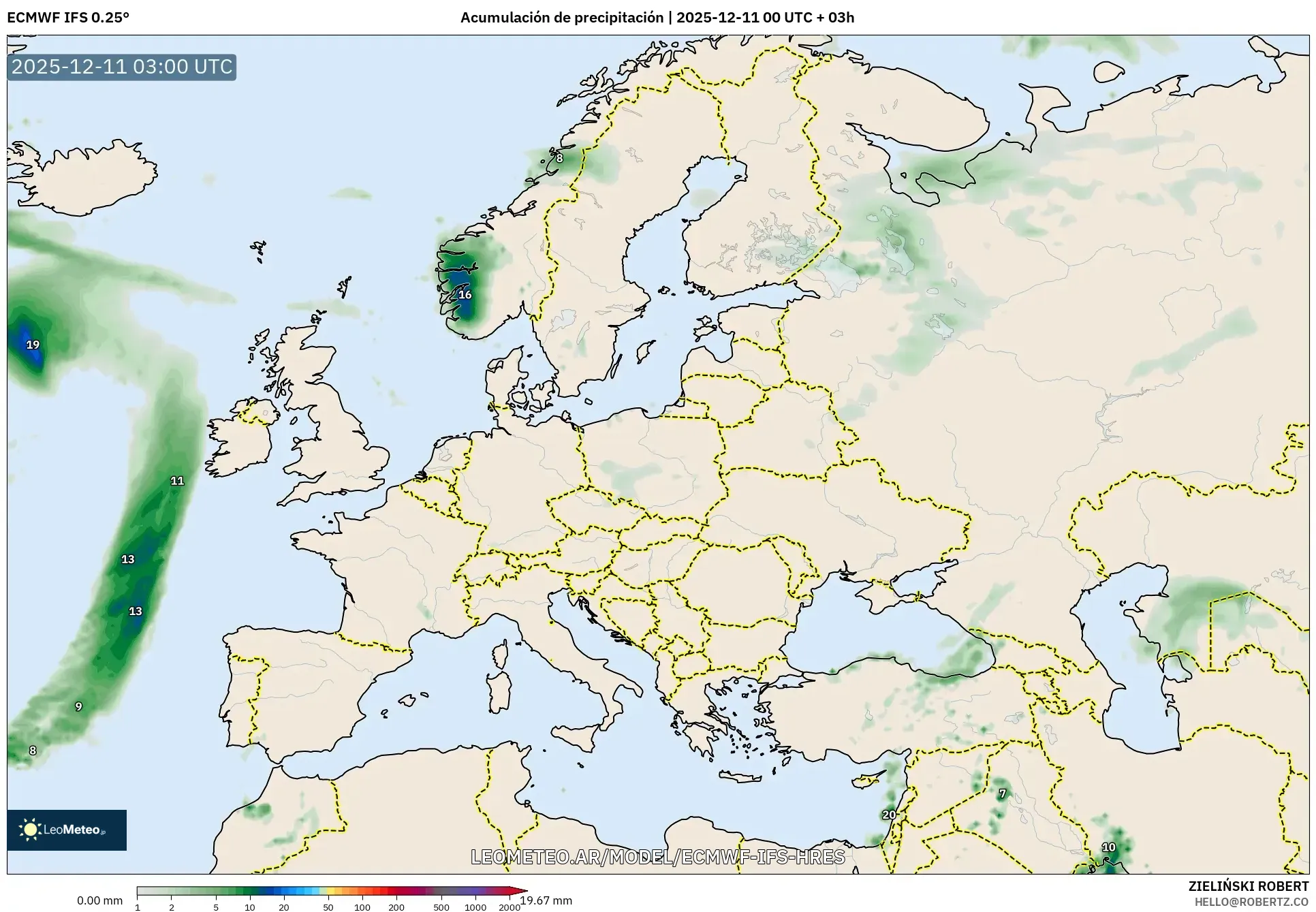 ECMWF IFS 0.25° model - Europa, Acumulación de precipitación