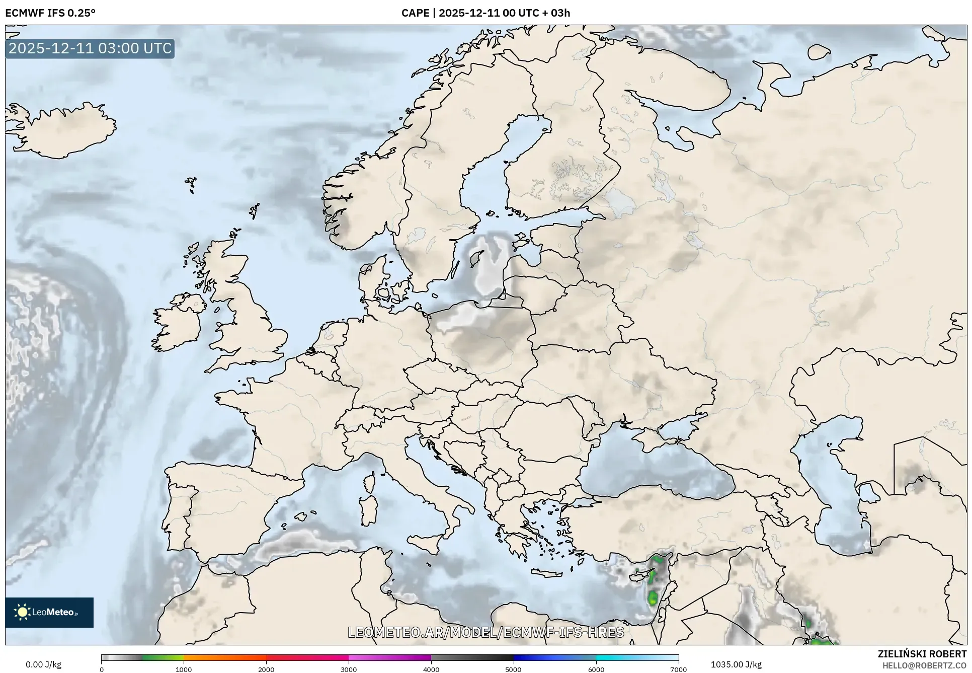 ECMWF IFS 0.25° model - Europa, CAPE