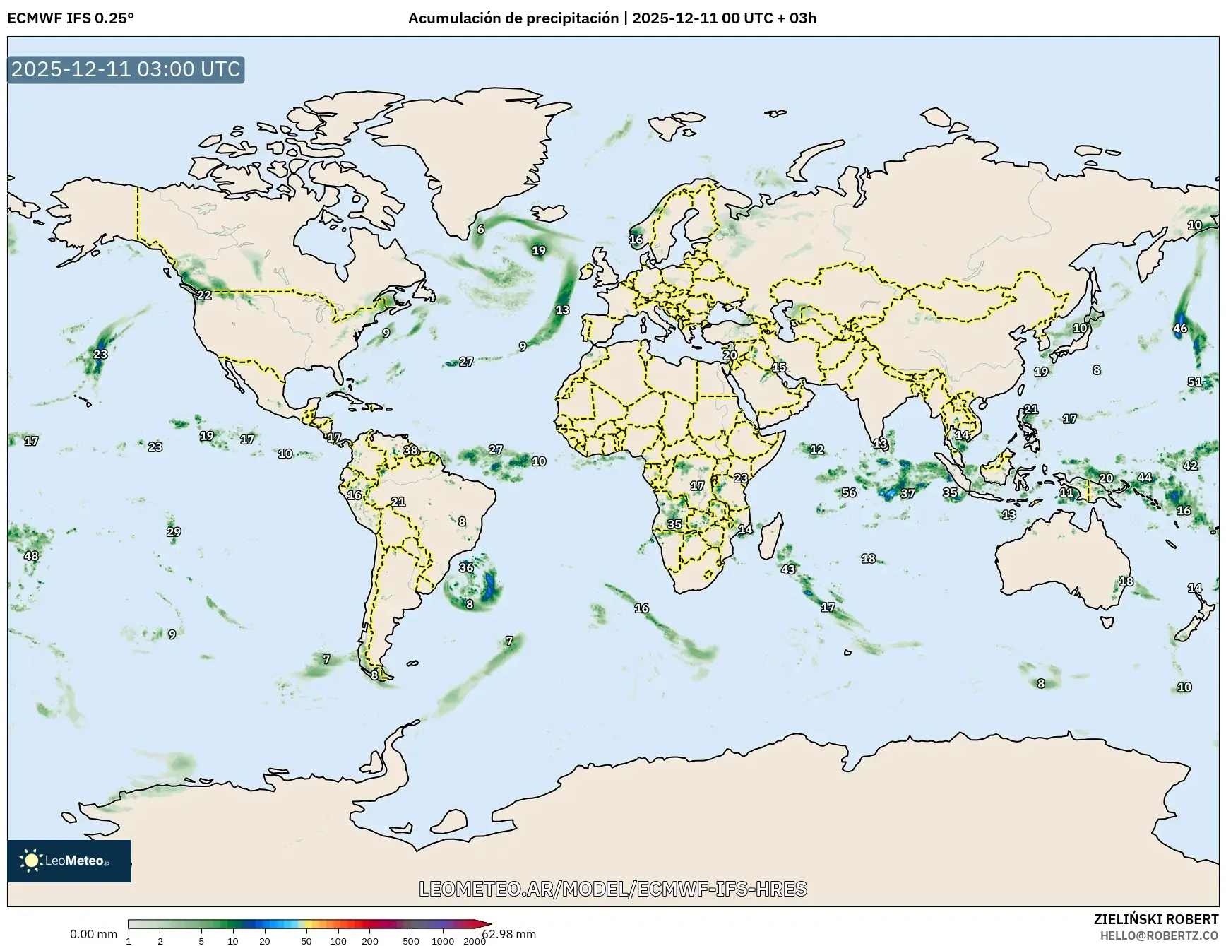 ECMWF IFS 0.25° model - Mundo, Acumulación de precipitación