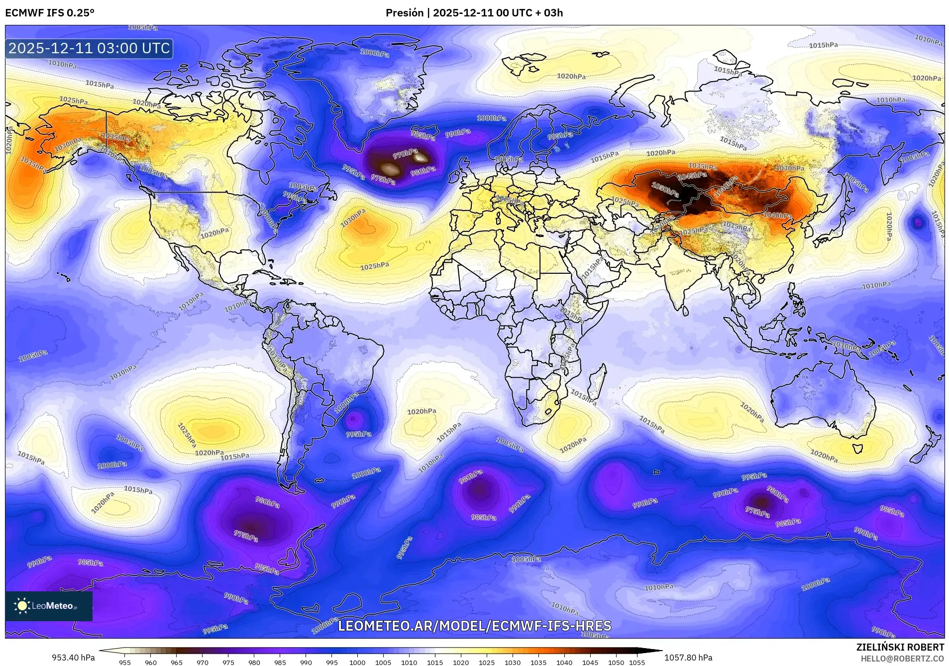 ECMWF IFS 0.25° model - Mundo, Presión