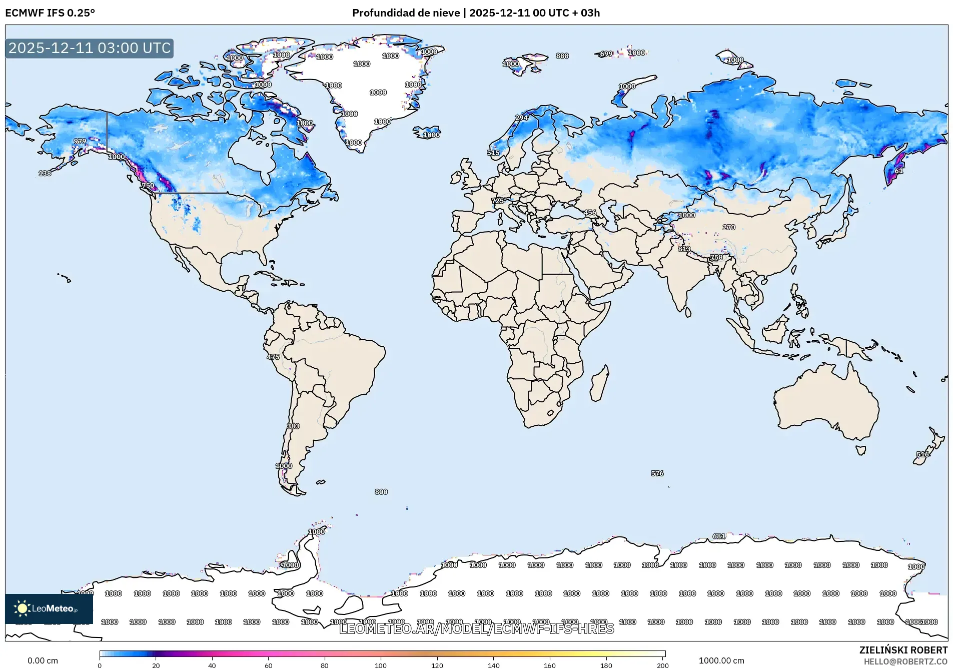 ECMWF IFS 0.25° model - Mundo, Profundidad de nieve