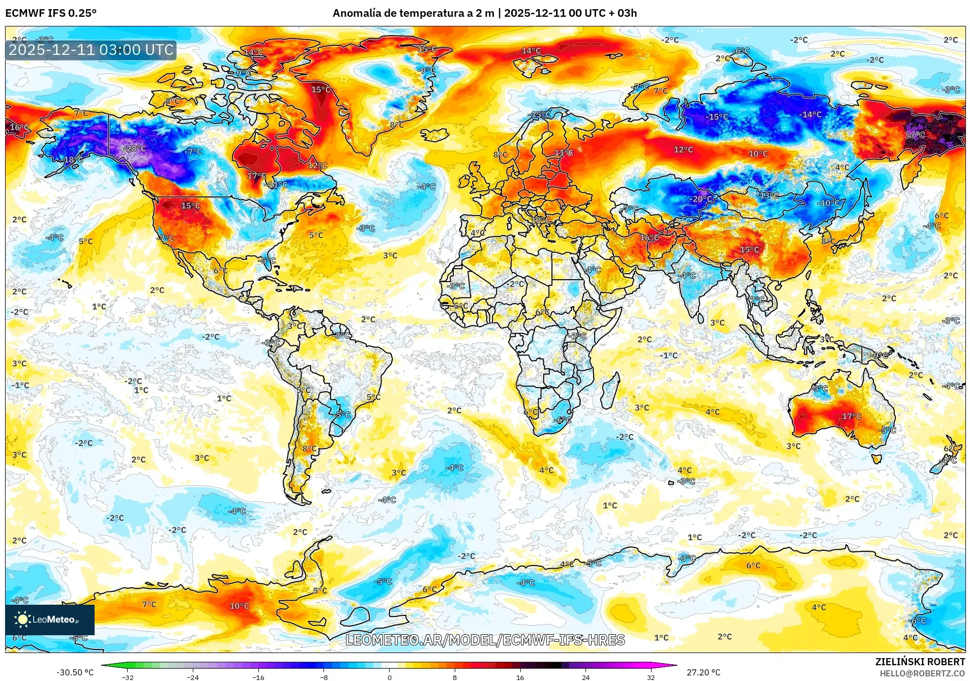 ECMWF IFS 0.25° model - Mundo, Anomalía de temperatura a 2 m