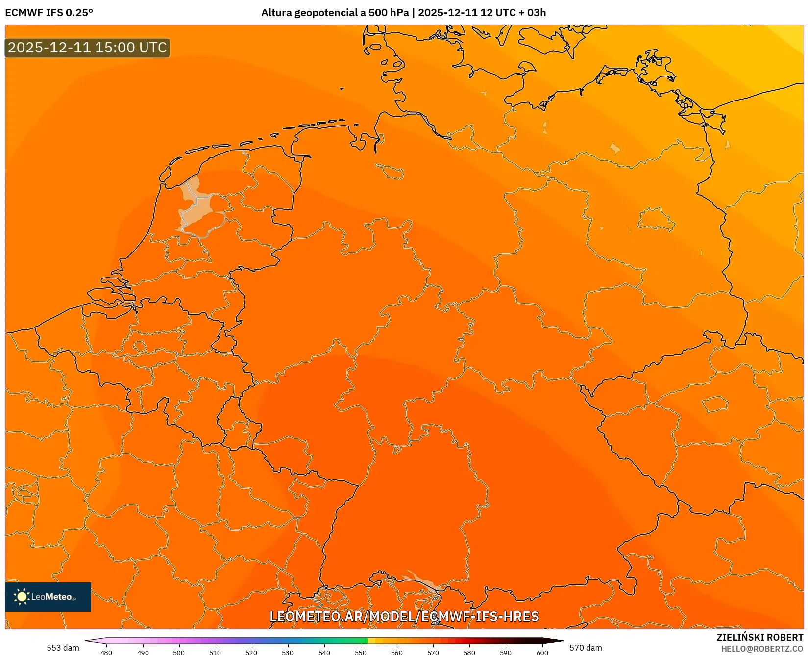 ECMWF IFS 0.25° model - Alemania, Altura geopotencial a 500 hPa