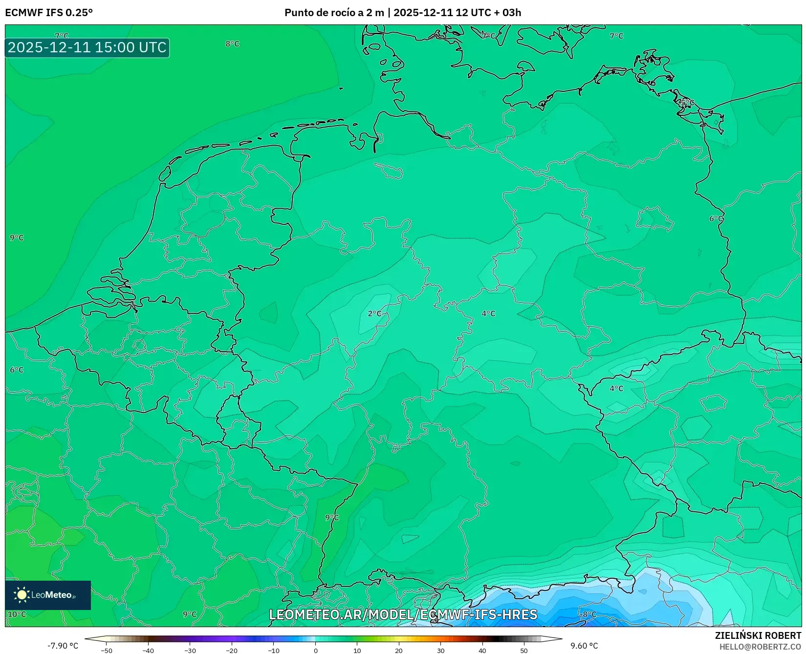 ECMWF IFS 0.25° model - Alemania, Punto de rocío a 2 m