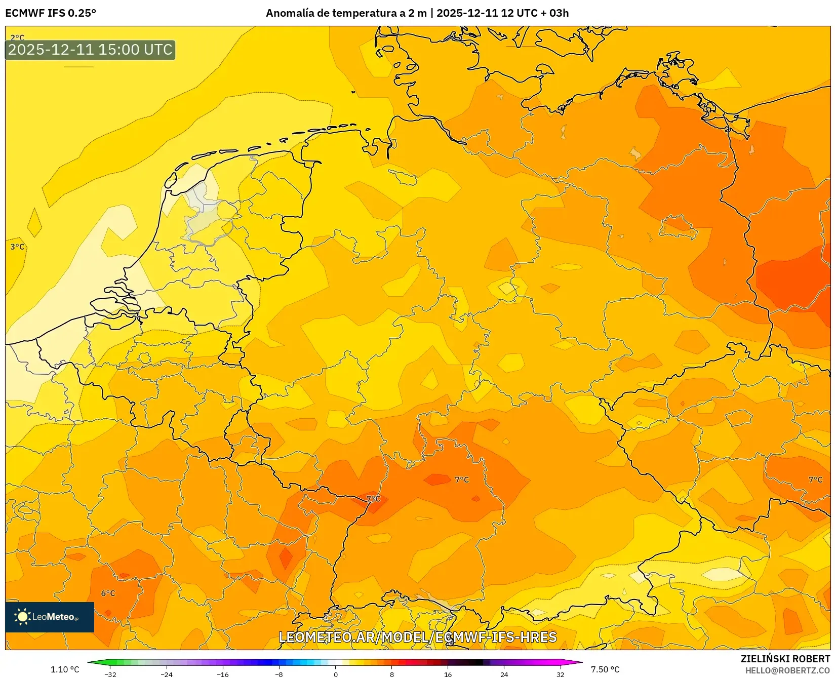 ECMWF IFS 0.25° model - Alemania, Anomalía de temperatura a 2 m