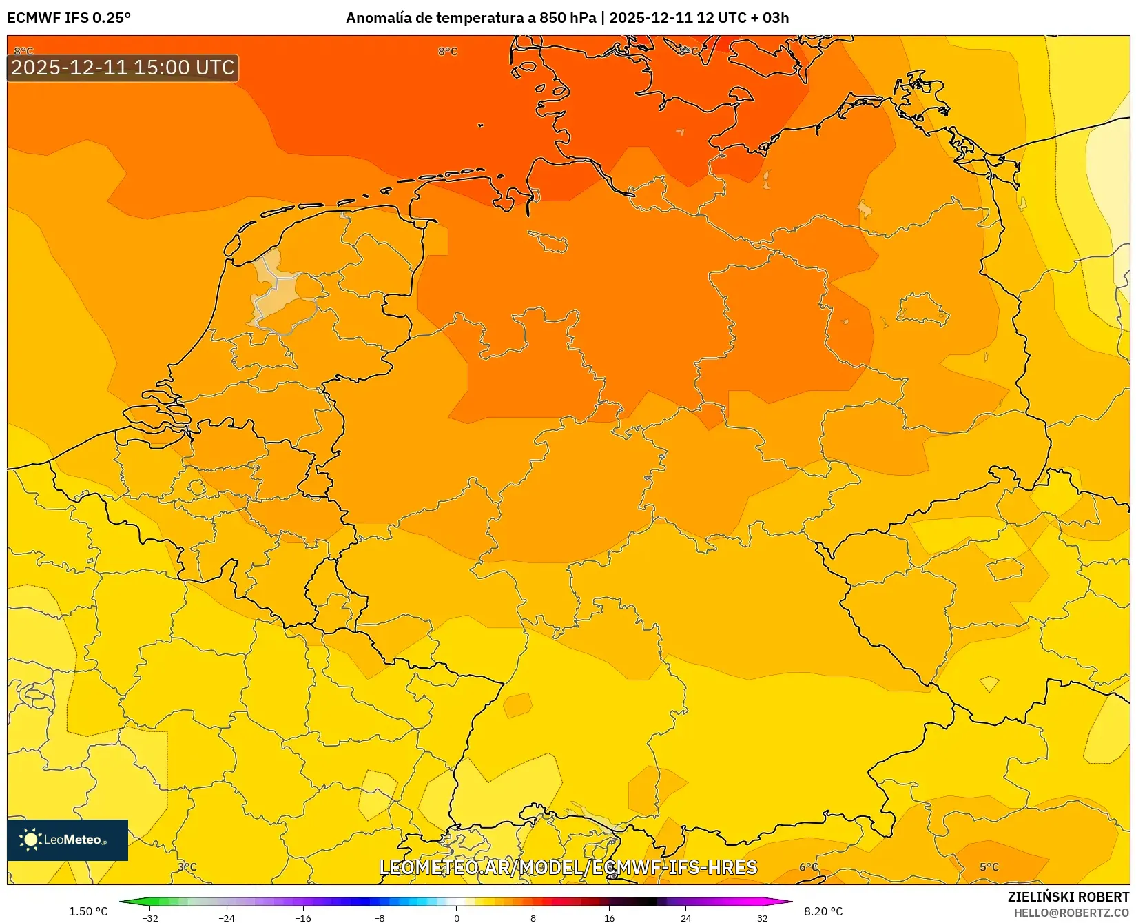 ECMWF IFS 0.25° model - Alemania, Anomalía de temperatura a 850 hPa