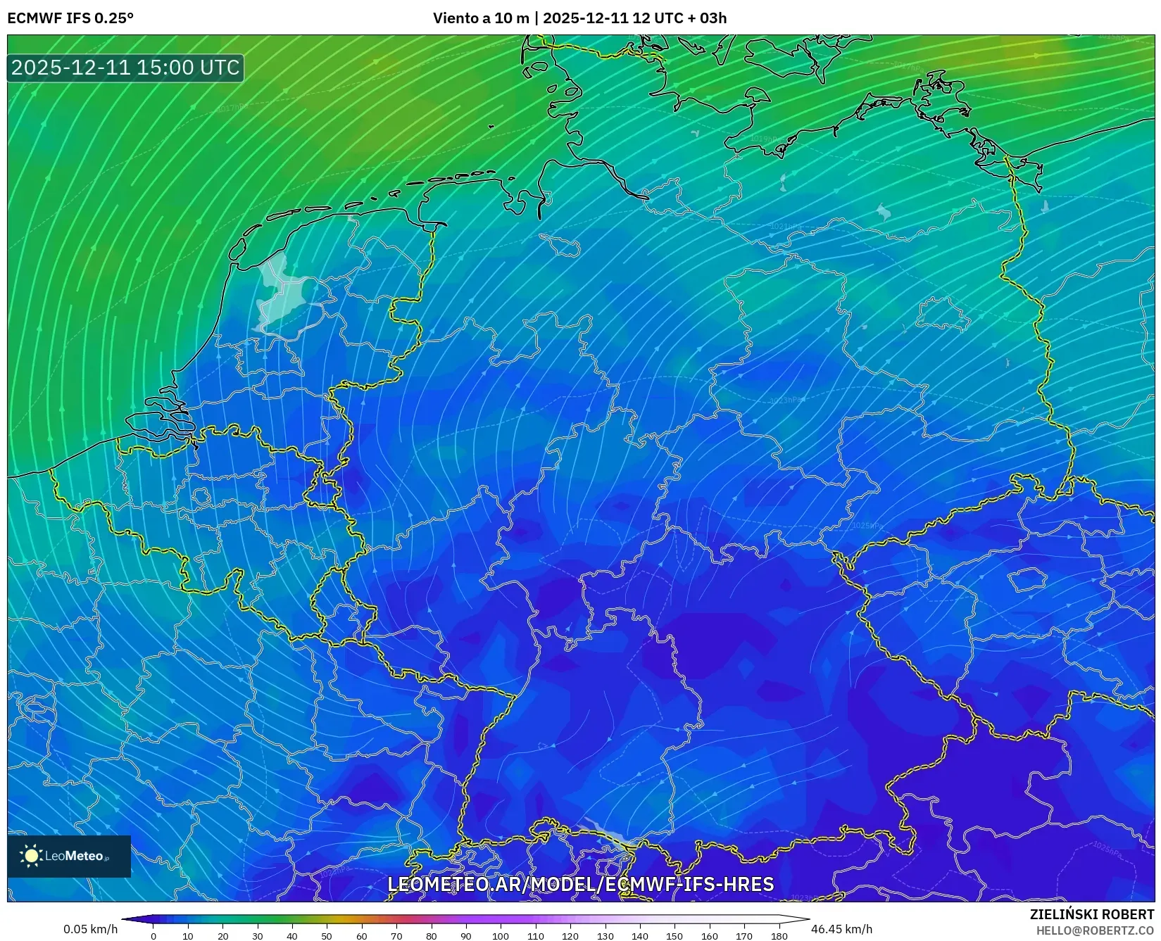 ECMWF IFS 0.25° model - Alemania, Viento a 10 m