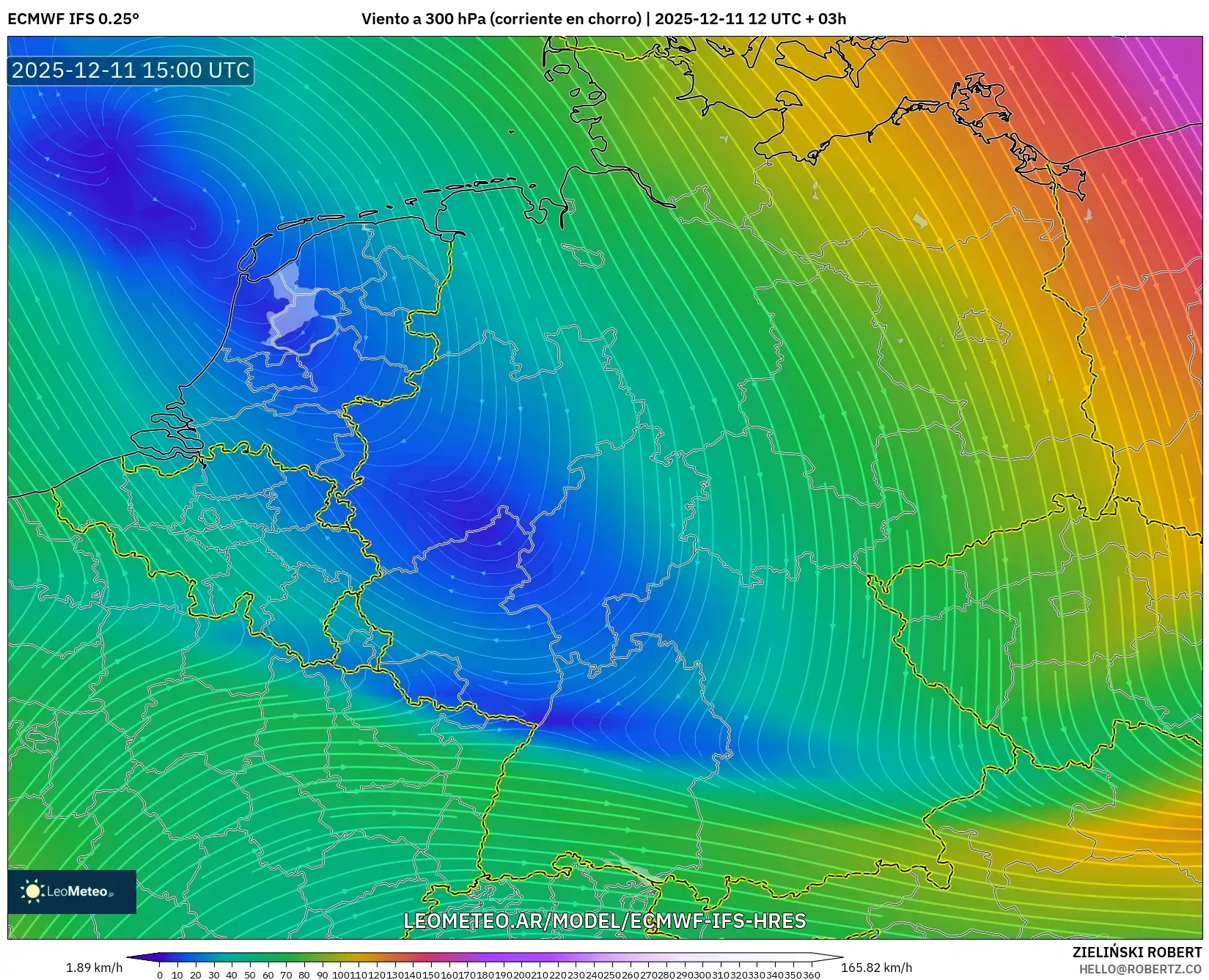 ECMWF IFS 0.25° model - Alemania, Viento a 300 hPa (corriente en chorro)