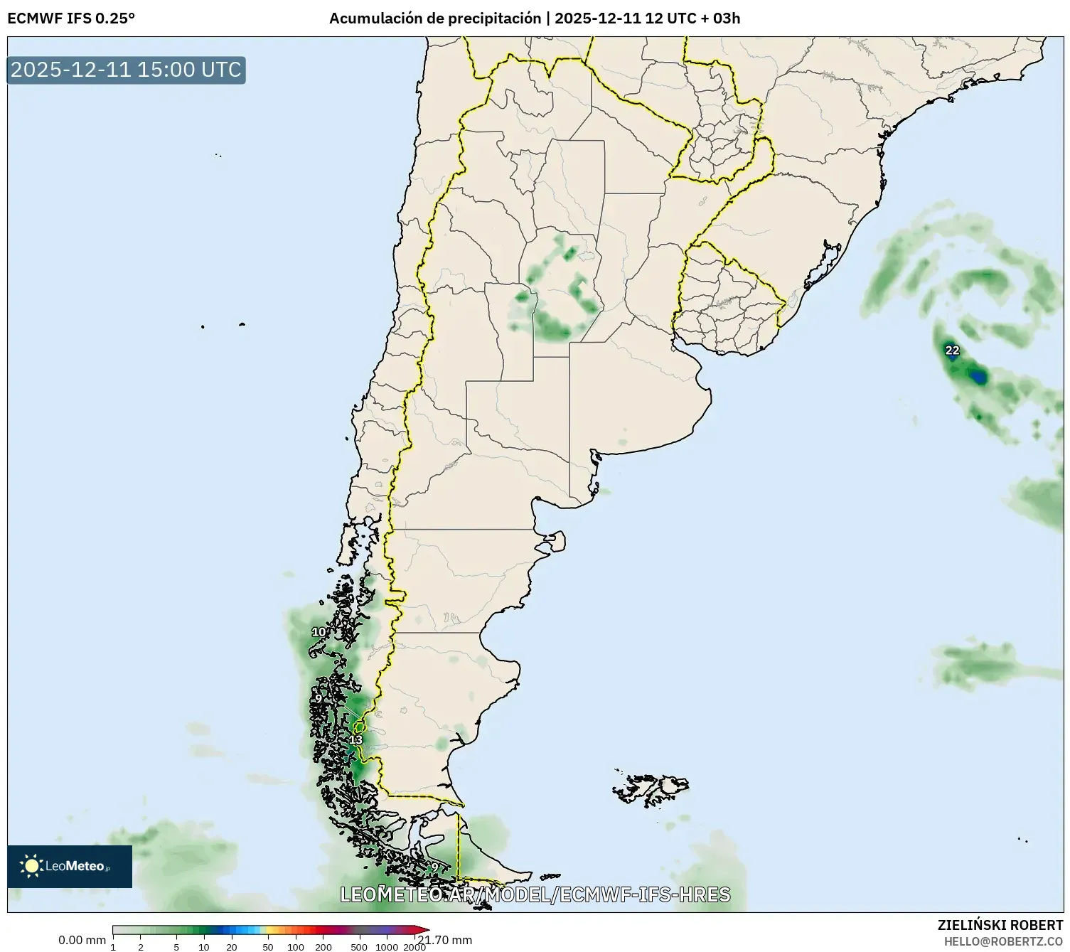 ECMWF IFS 0.25° model - Argentina, Acumulación de precipitación
