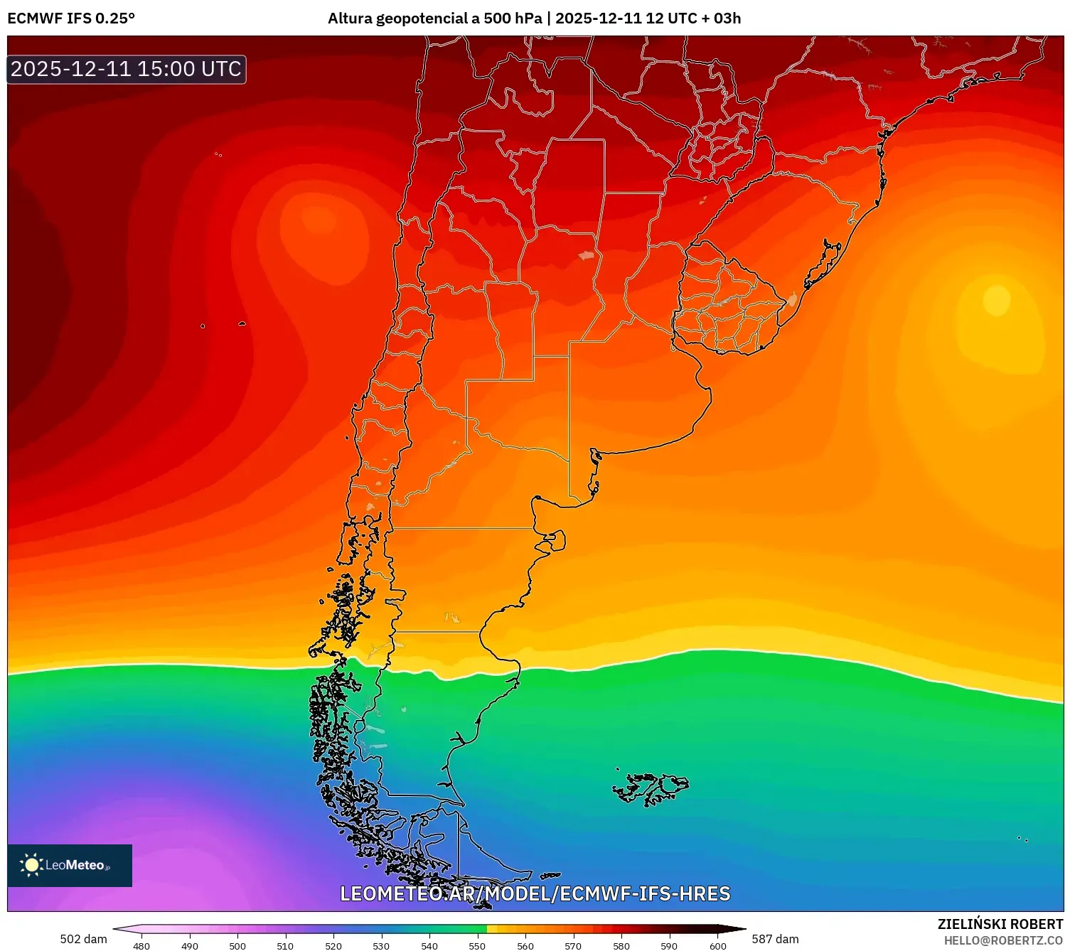 ECMWF IFS 0.25° model - Argentina, Altura geopotencial a 500 hPa