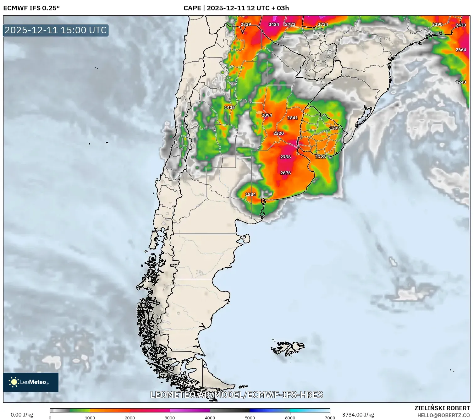 ECMWF IFS 0.25° model - Argentina, CAPE