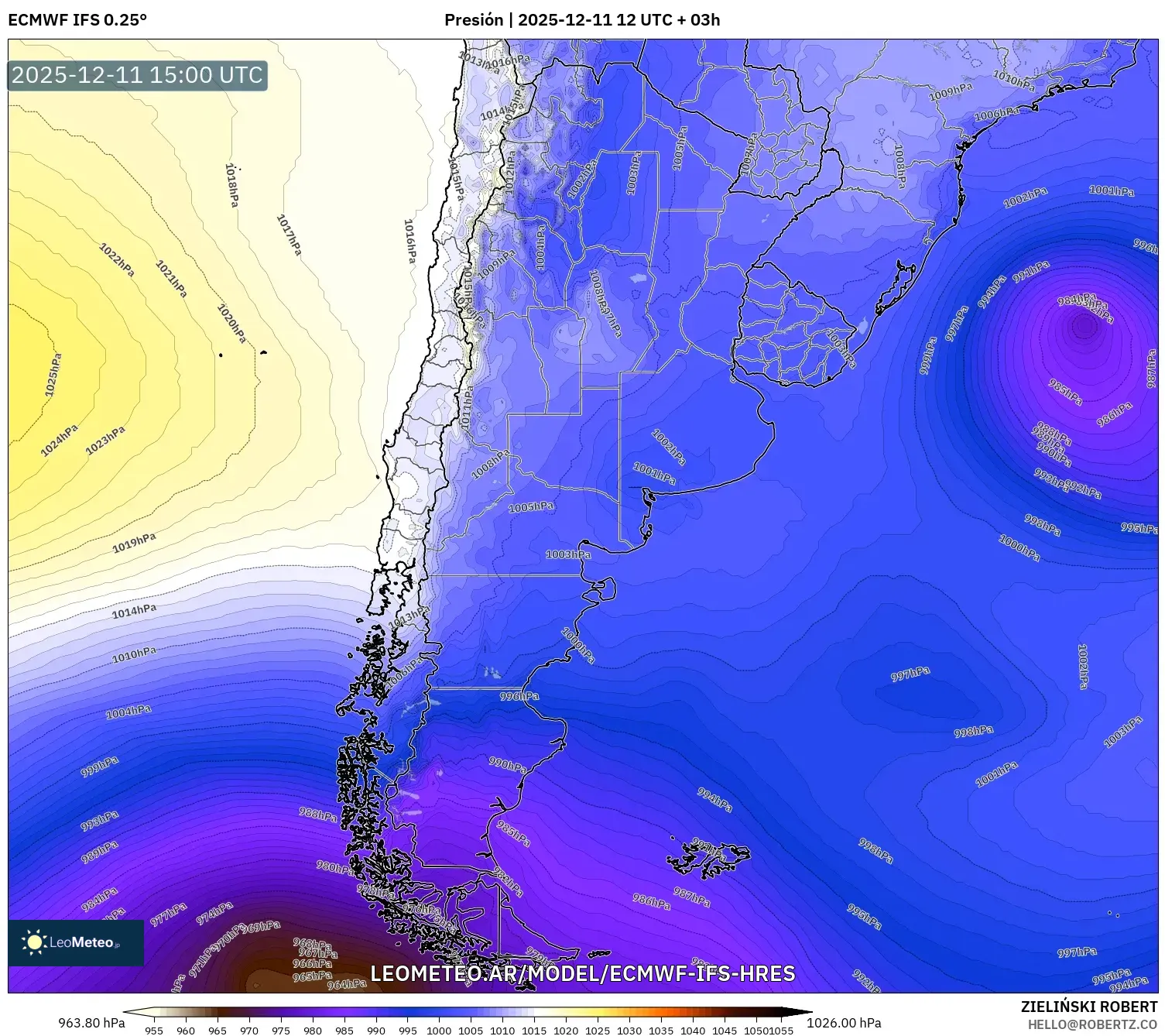 ECMWF IFS 0.25° model - Argentina, Presión