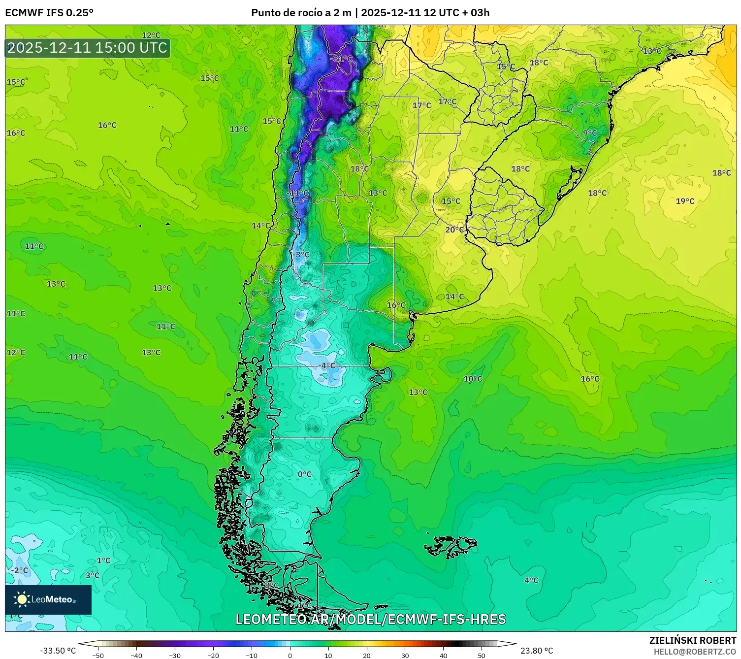 ECMWF IFS 0.25° model - Argentina, Punto de rocío a 2 m