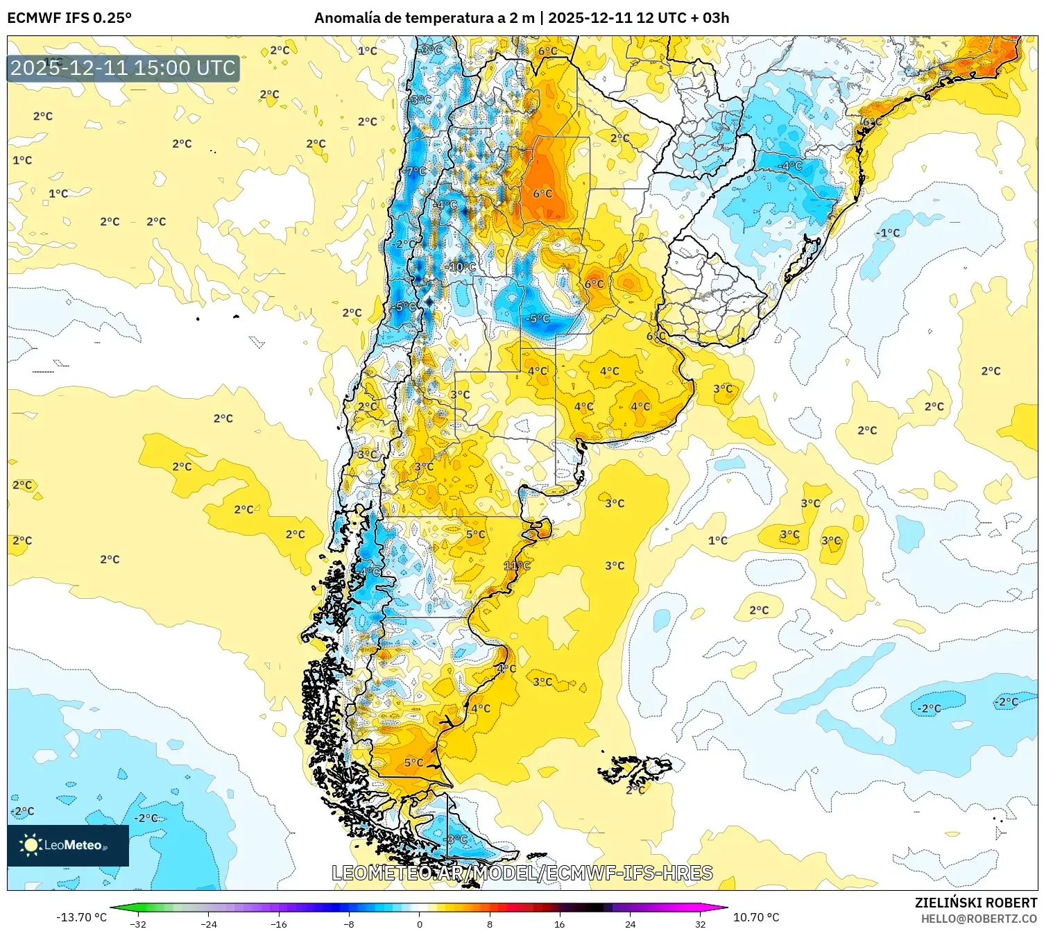 ECMWF IFS 0.25° model - Argentina, Anomalía de temperatura a 2 m