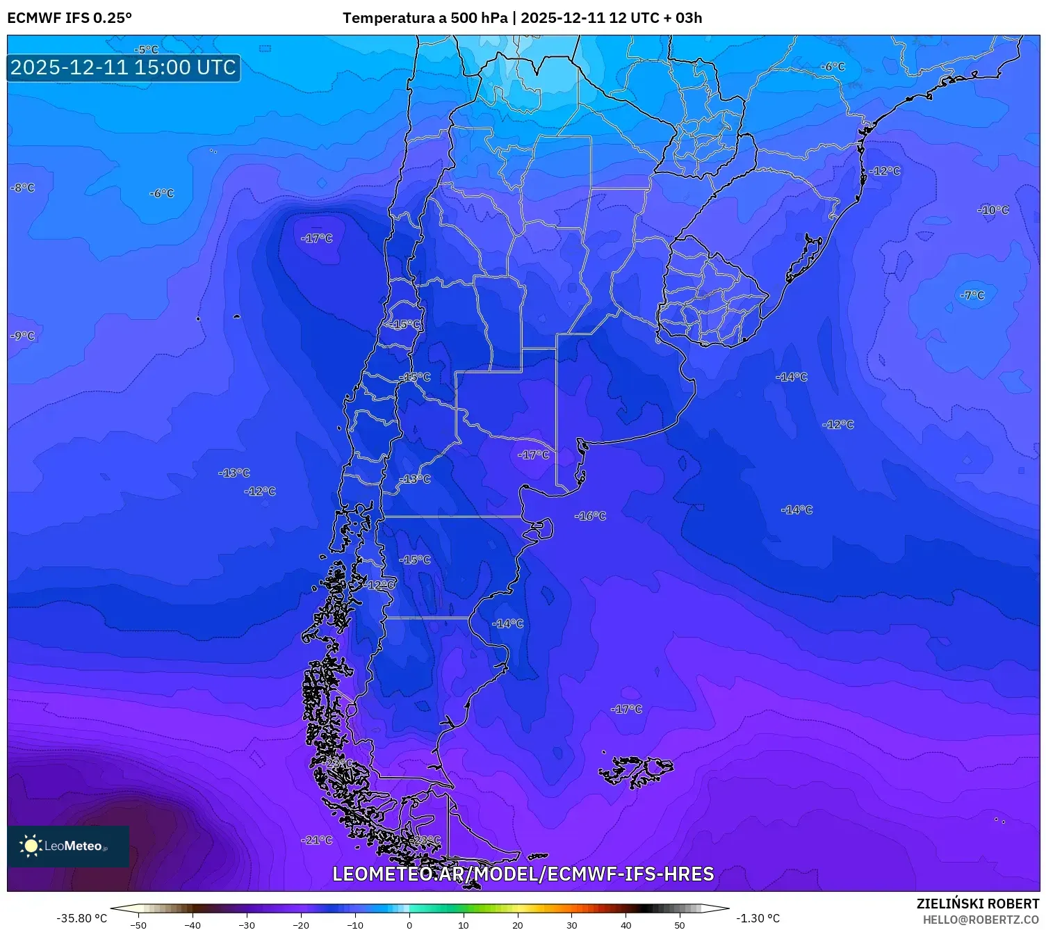 ECMWF IFS 0.25° model - Argentina, Temperatura a 500 hPa