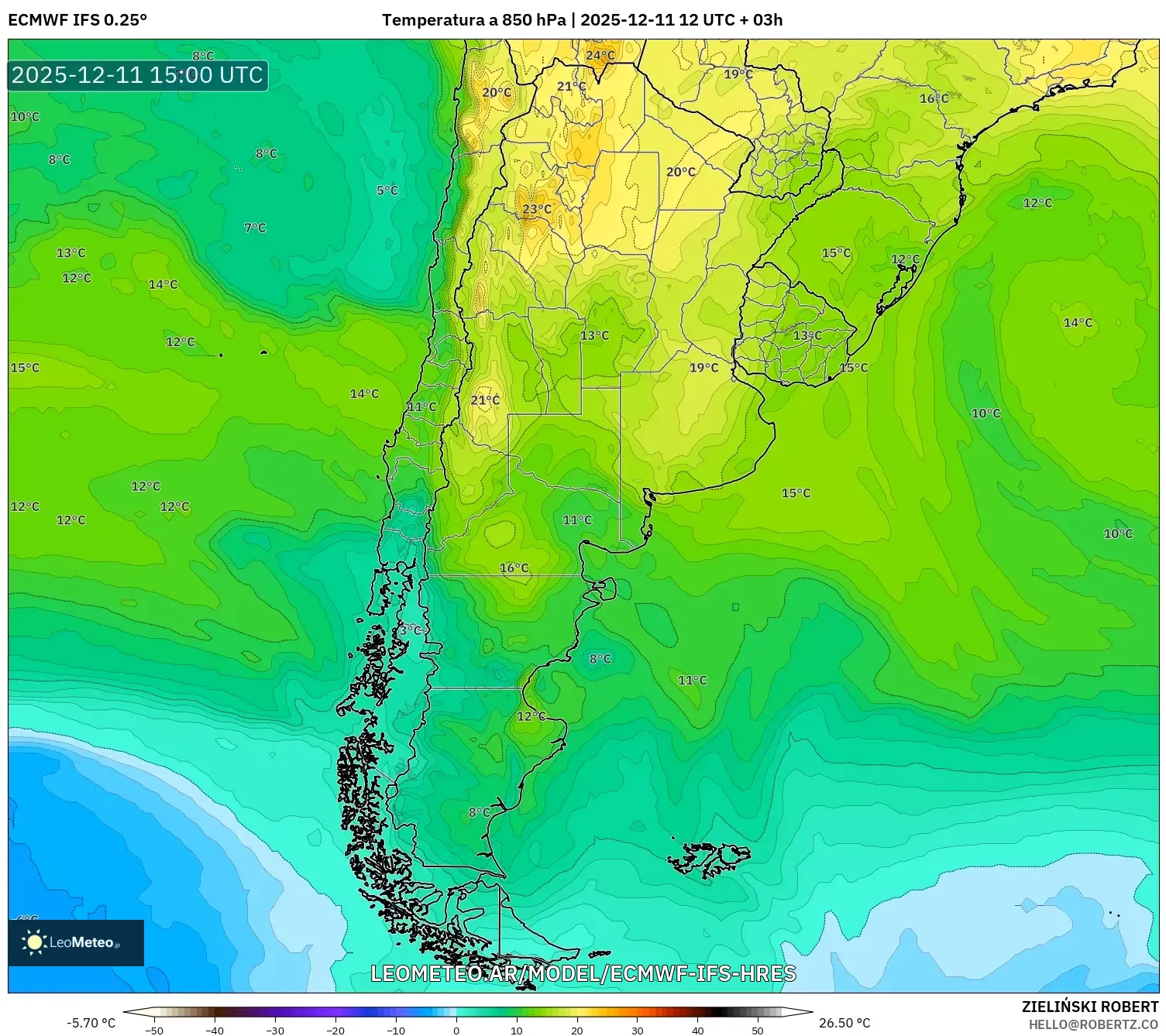ECMWF IFS 0.25° model - Argentina, Temperatura a 850 hPa