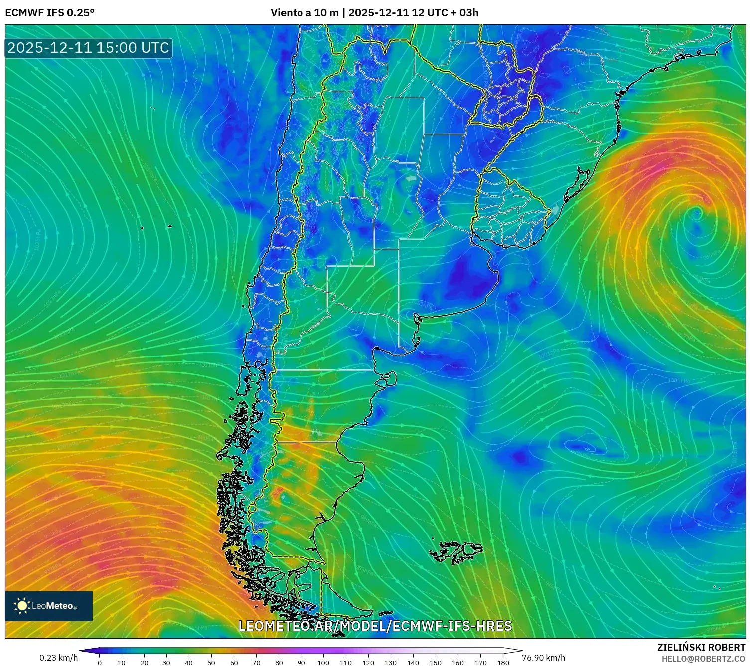 ECMWF IFS 0.25° model - Argentina, Viento a 10 m