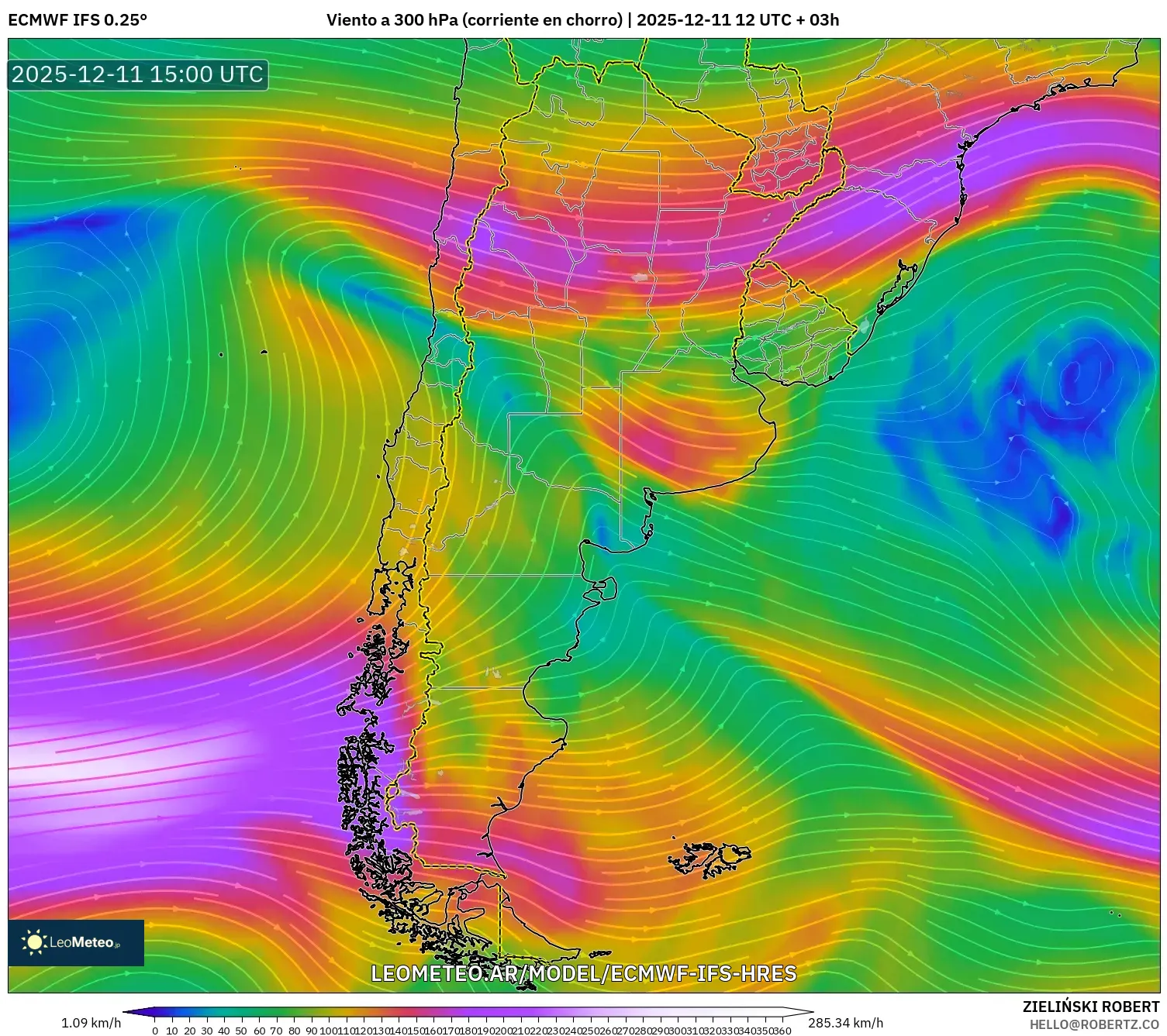 ECMWF IFS 0.25° model - Argentina, Viento a 300 hPa (corriente en chorro)
