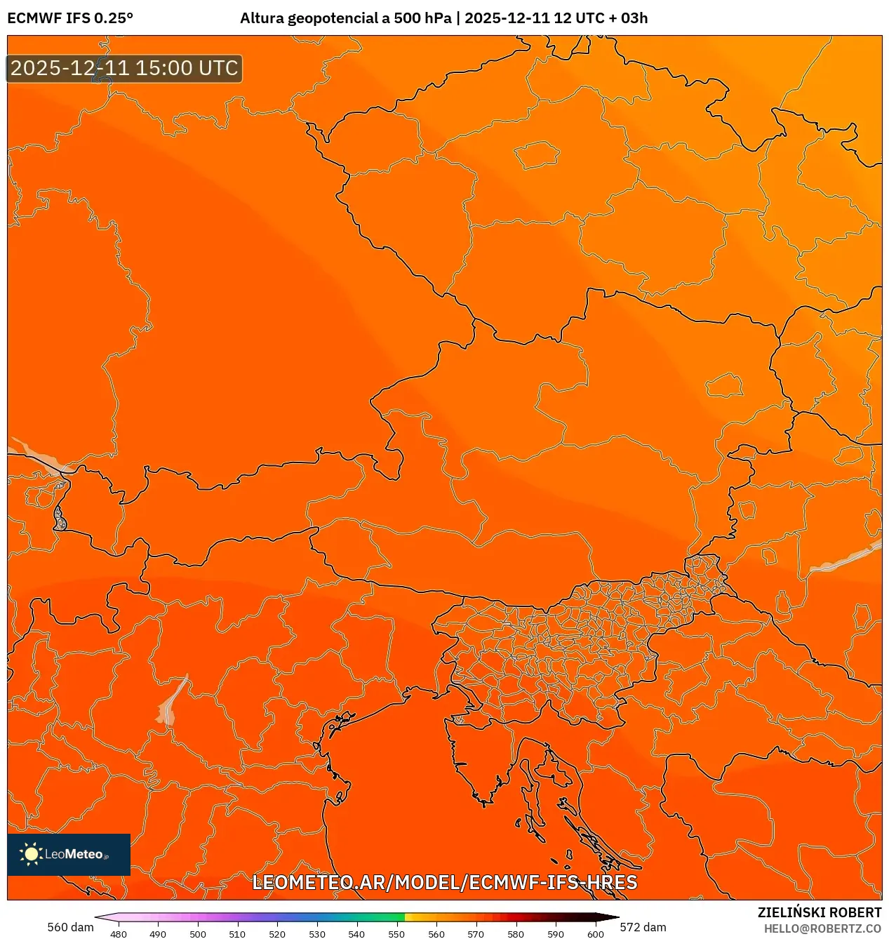 ECMWF IFS 0.25° model - Austria, Altura geopotencial a 500 hPa