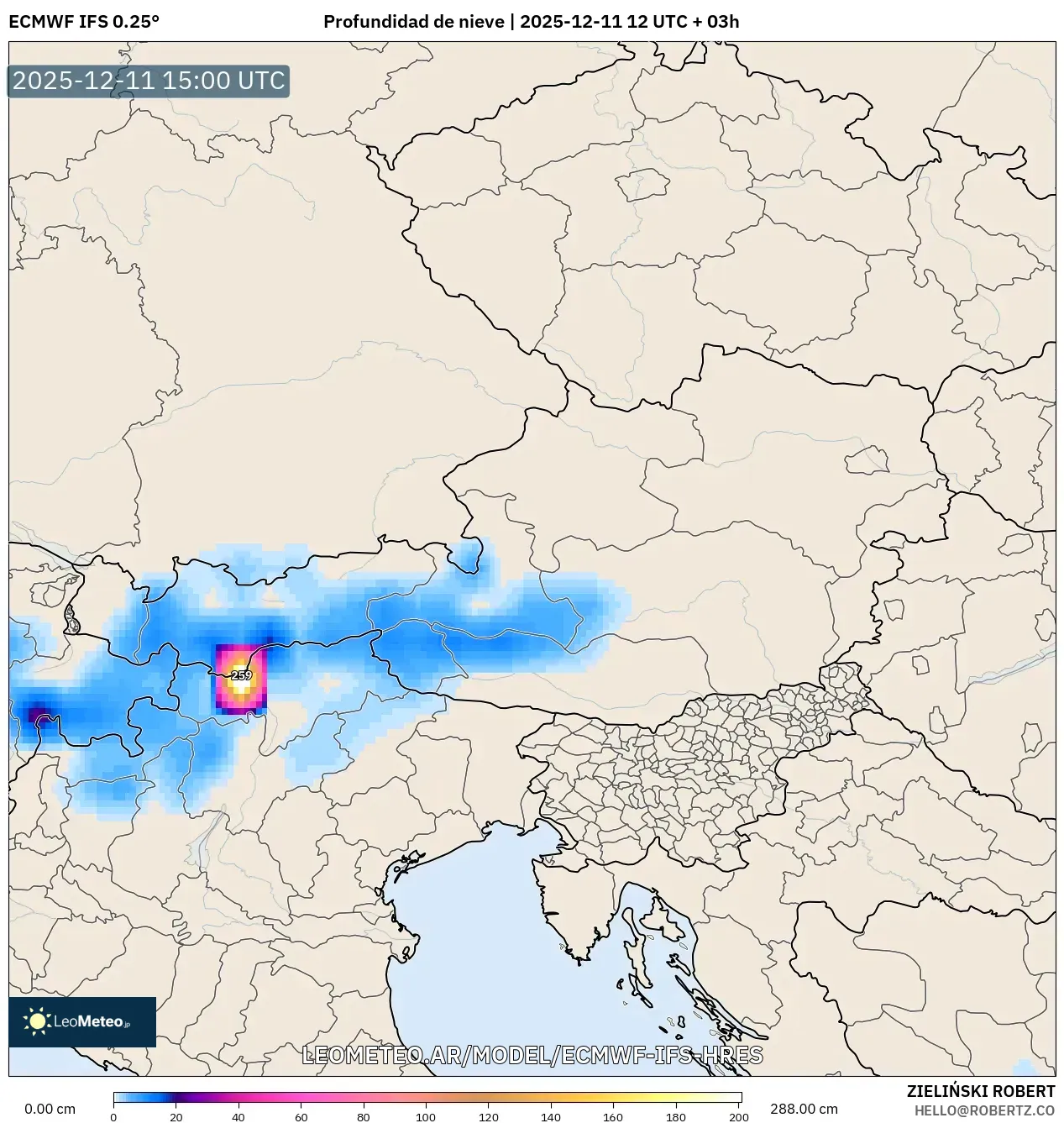 ECMWF IFS 0.25° model - Austria, Profundidad de nieve