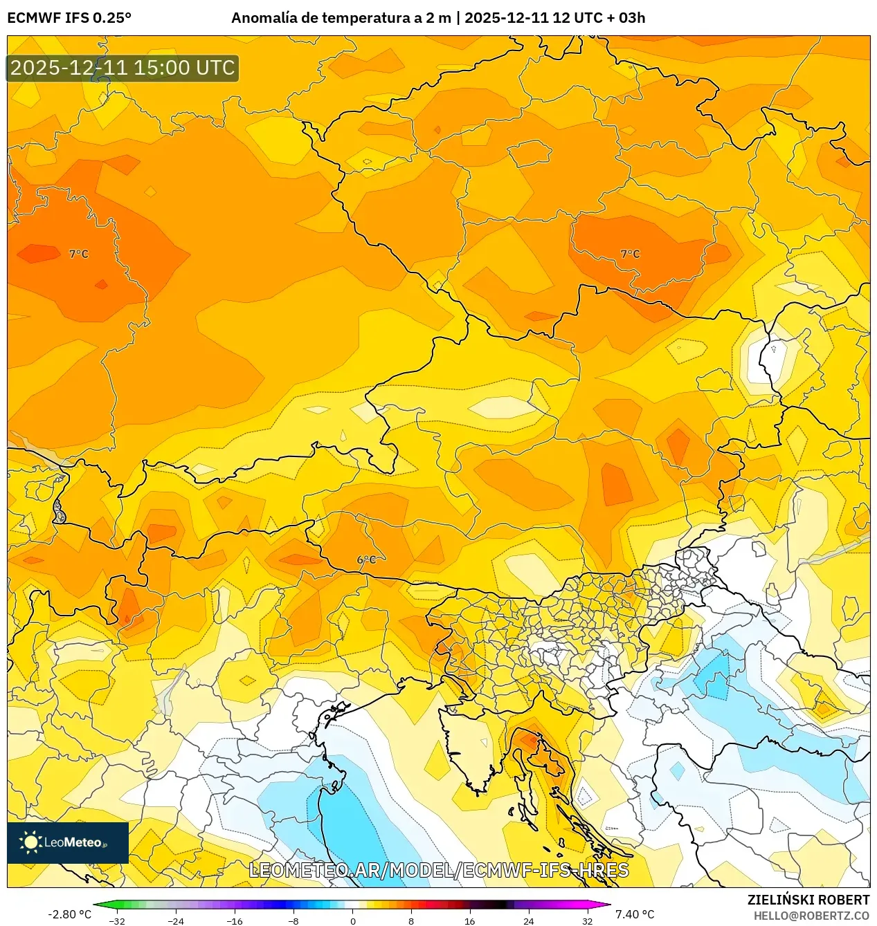 ECMWF IFS 0.25° model - Austria, Anomalía de temperatura a 2 m