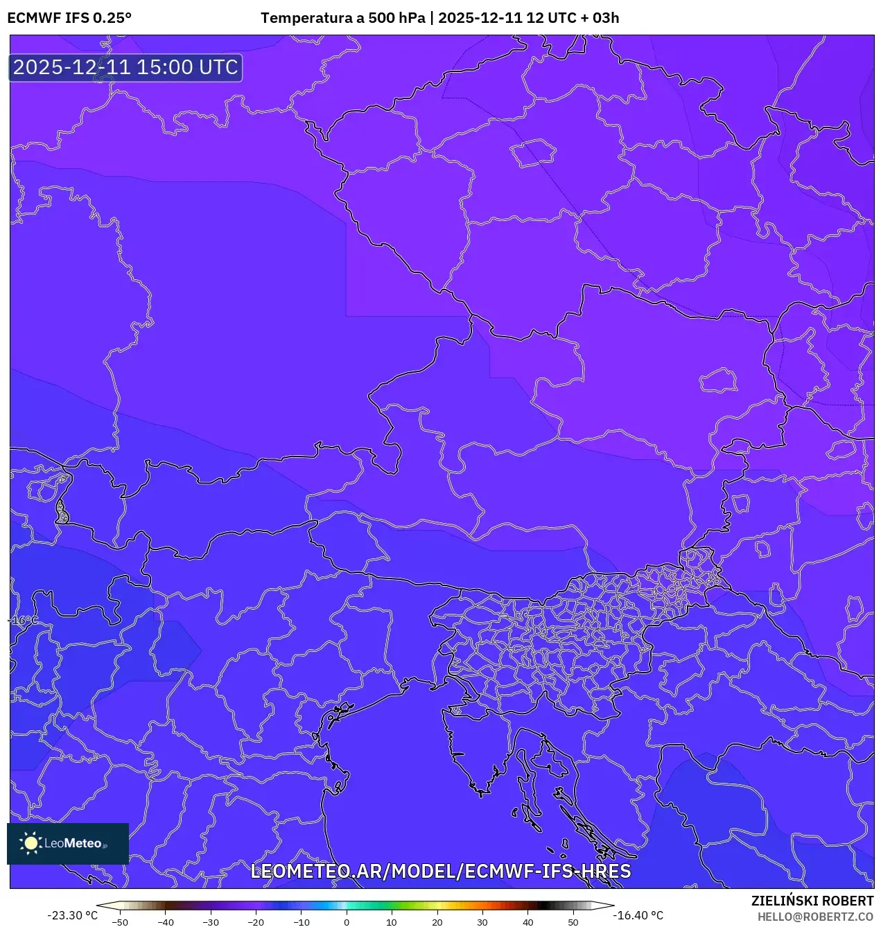ECMWF IFS 0.25° model - Austria, Temperatura a 500 hPa