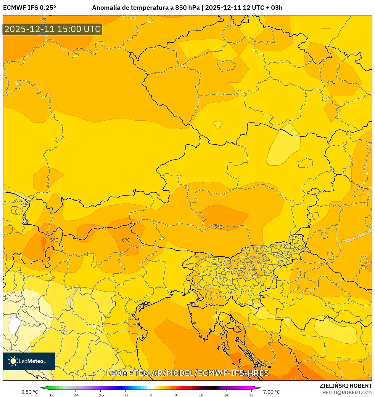 ECMWF IFS 0.25° model - Austria, Anomalía de temperatura a 850 hPa