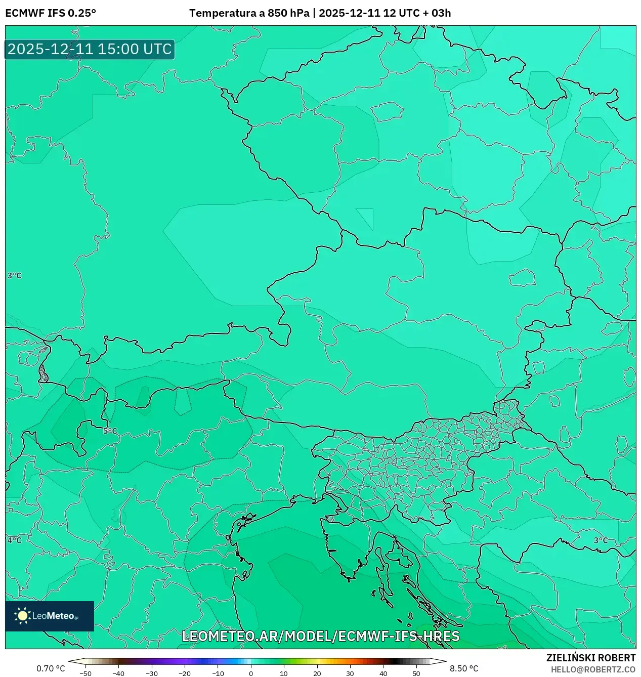 ECMWF IFS 0.25° model - Austria, Temperatura a 850 hPa