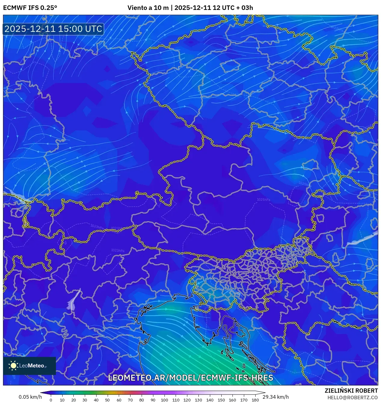 ECMWF IFS 0.25° model - Austria, Viento a 10 m