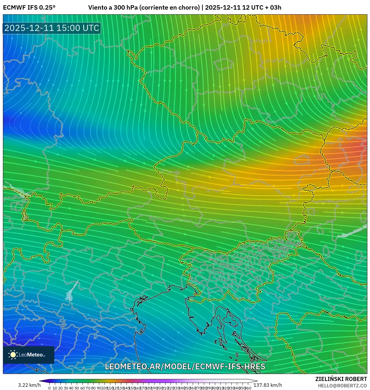 ECMWF IFS 0.25° model - Austria, Viento a 300 hPa (corriente en chorro)
