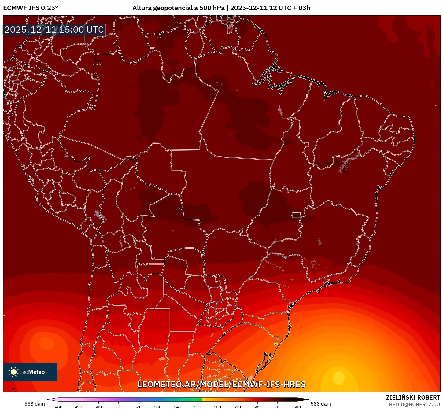 ECMWF IFS 0.25° model - Brasil, Altura geopotencial a 500 hPa