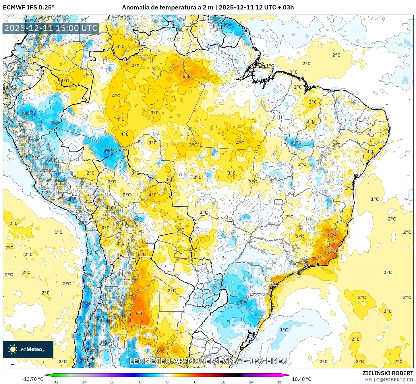 ECMWF IFS 0.25° model - Brasil, Anomalía de temperatura a 2 m