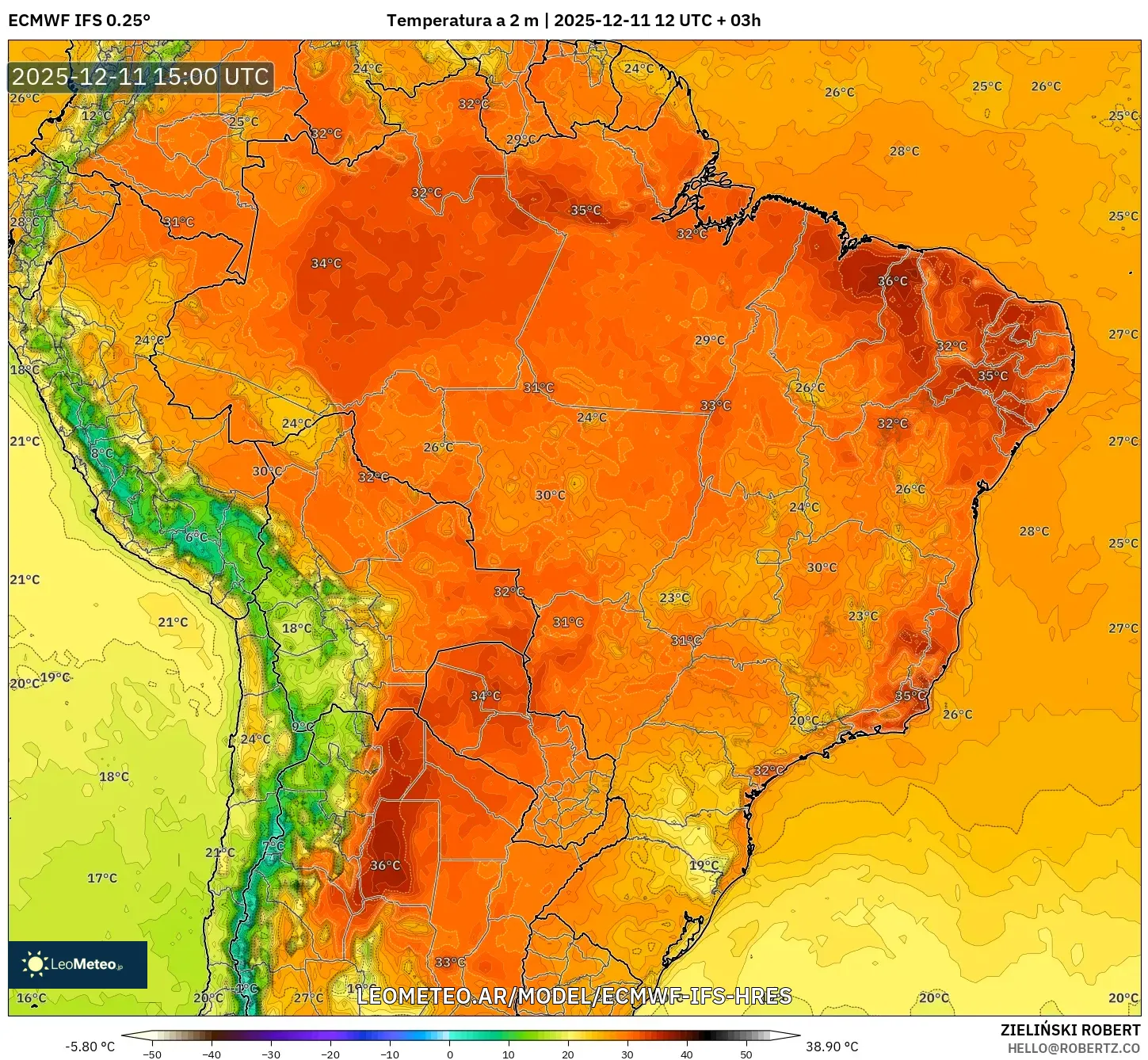 ECMWF IFS 0.25° model - Brasil, Temperatura a 2 m
