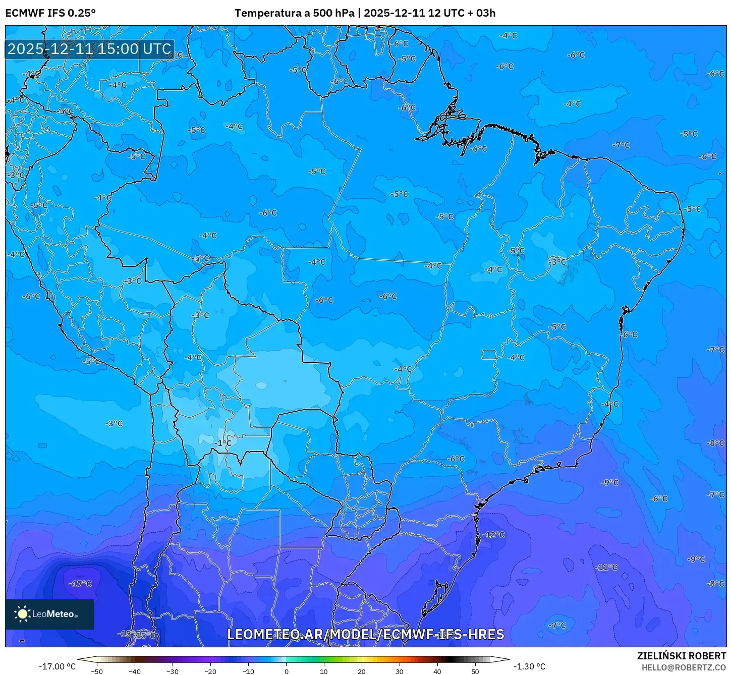 ECMWF IFS 0.25° model - Brasil, Temperatura a 500 hPa