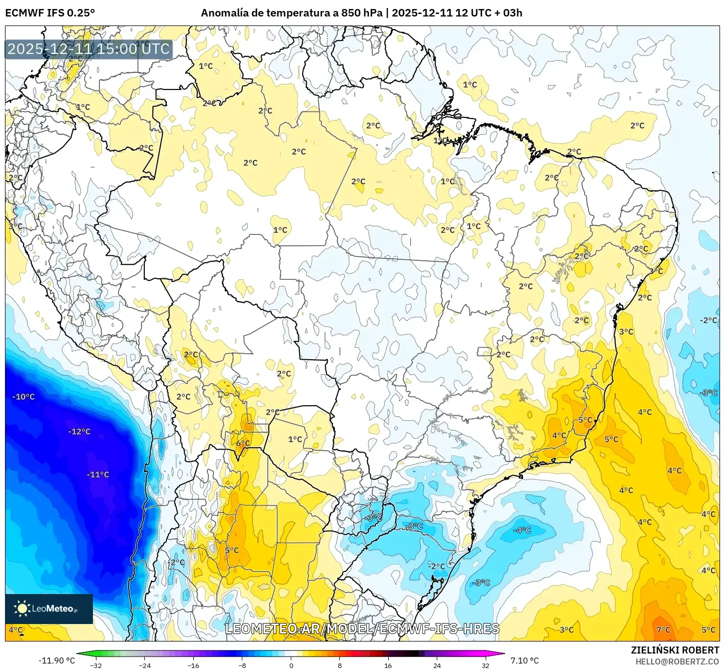 ECMWF IFS 0.25° model - Brasil, Anomalía de temperatura a 850 hPa