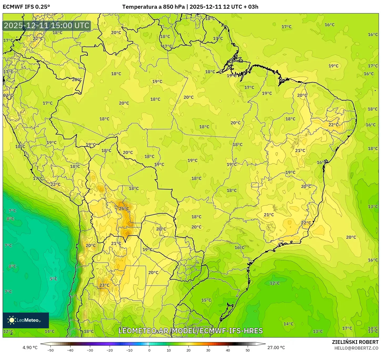 ECMWF IFS 0.25° model - Brasil, Temperatura a 850 hPa