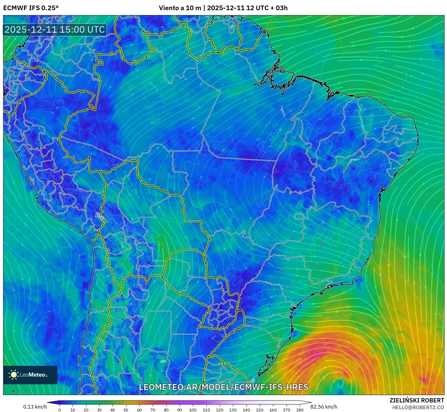 ECMWF IFS 0.25° model - Brasil, Viento a 10 m