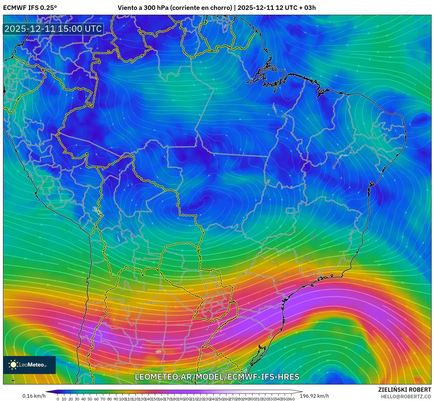 ECMWF IFS 0.25° model - Brasil, Viento a 300 hPa (corriente en chorro)