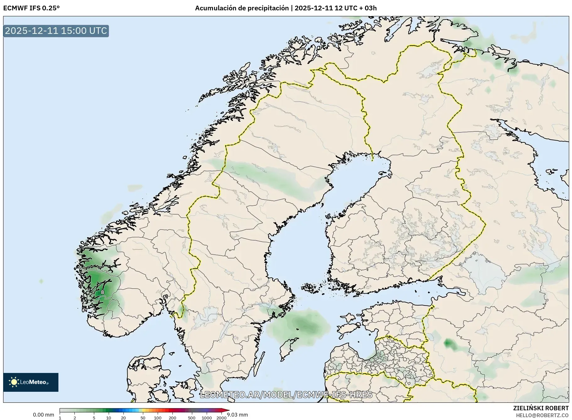 ECMWF IFS 0.25° model - Escandinavia, Acumulación de precipitación