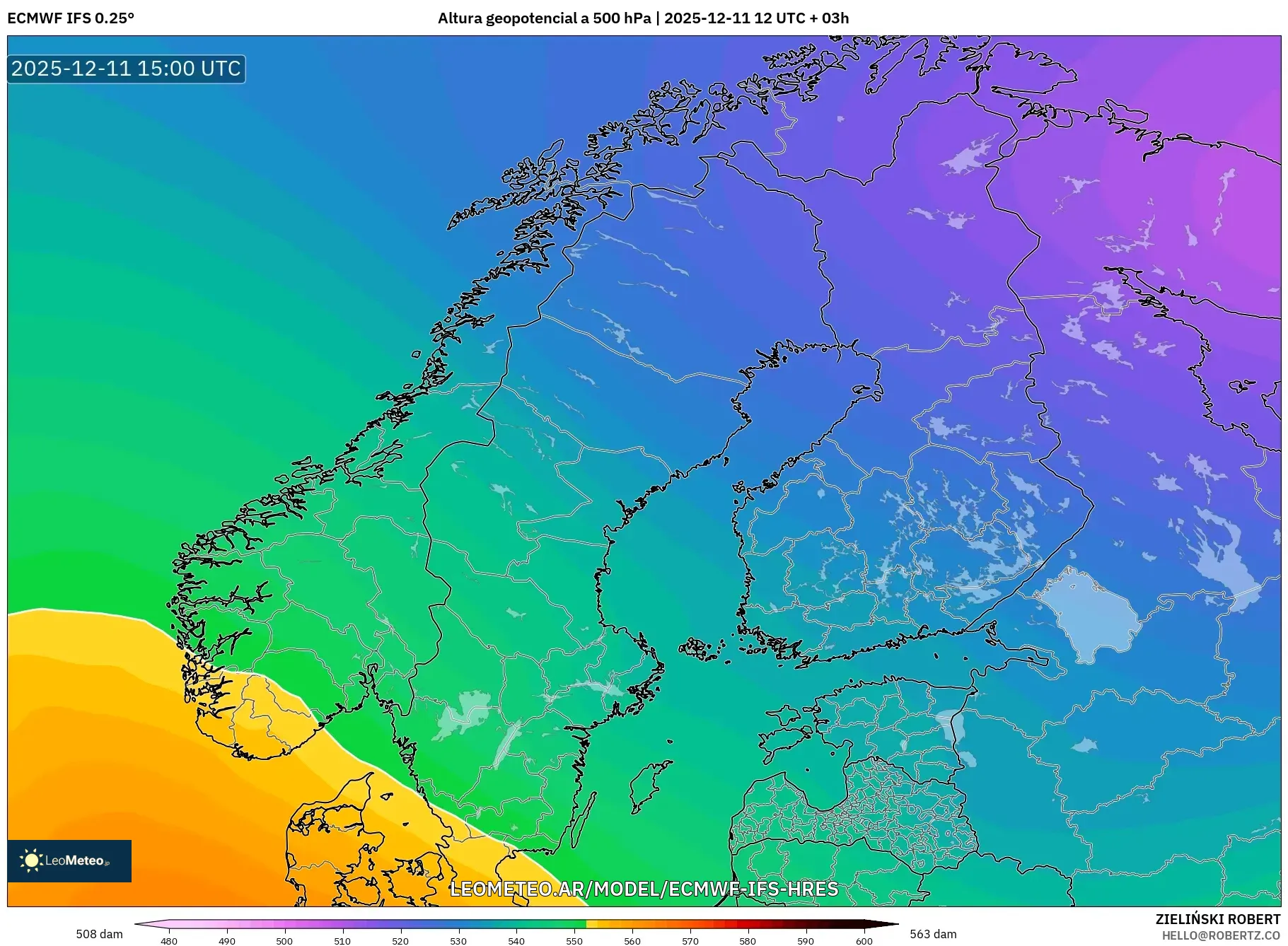 ECMWF IFS 0.25° model - Escandinavia, Altura geopotencial a 500 hPa