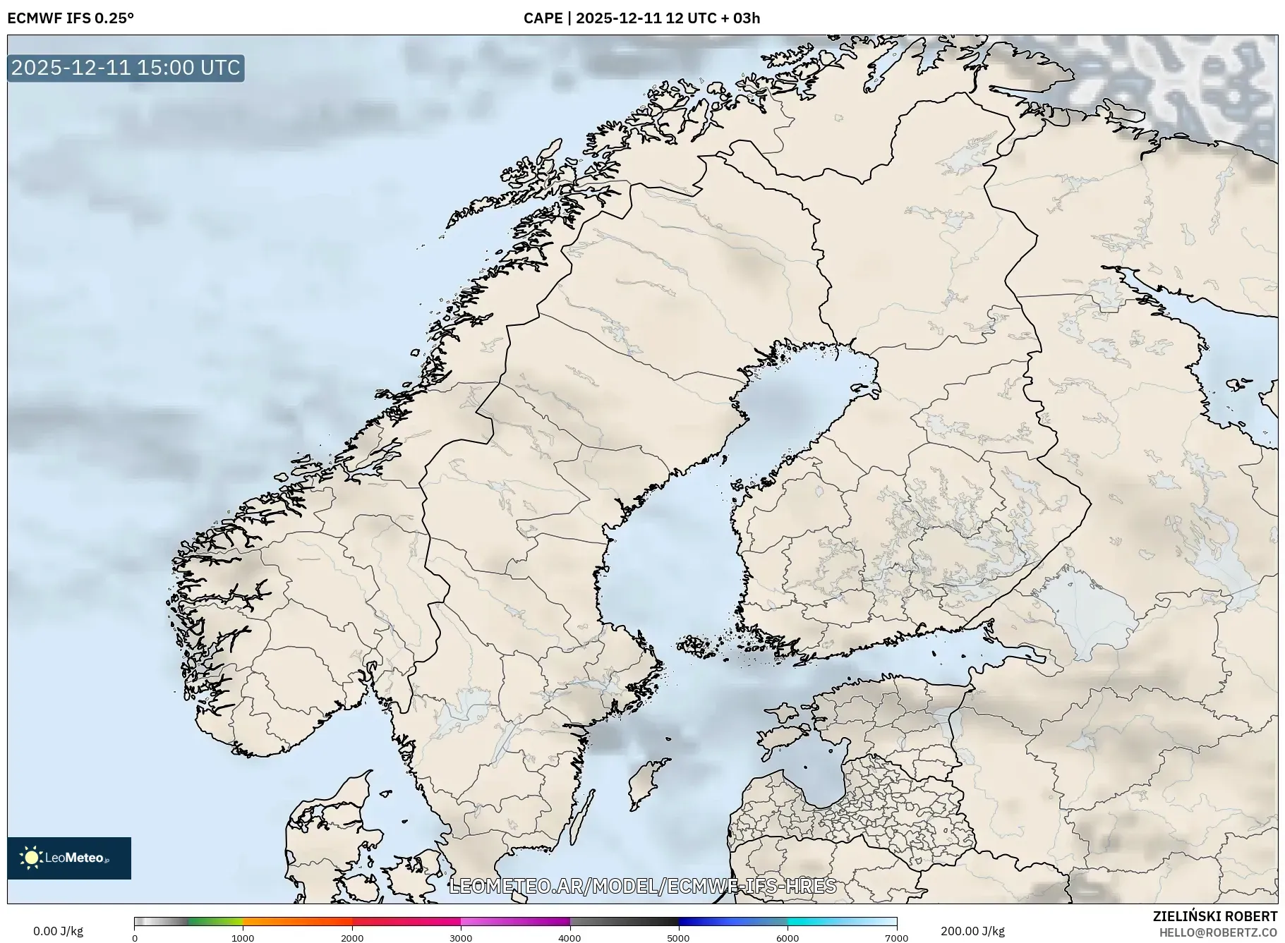 ECMWF IFS 0.25° model - Escandinavia, CAPE