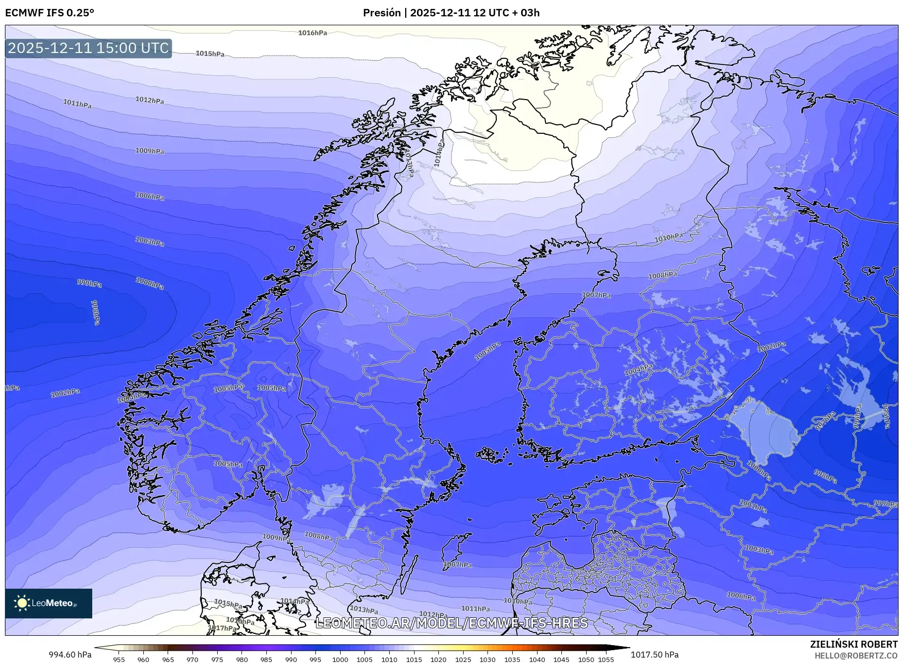 ECMWF IFS 0.25° model - Escandinavia, Presión